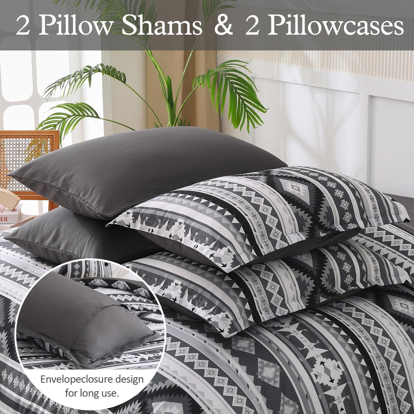 Dinjoy Dark Grey Boho Comforter Set Queen Size,7 Pieces Bed in a Bag for Men Gray Bedding Sets with Sheets Aztec Comforters Striped Complete Set for Summer 90"x90"