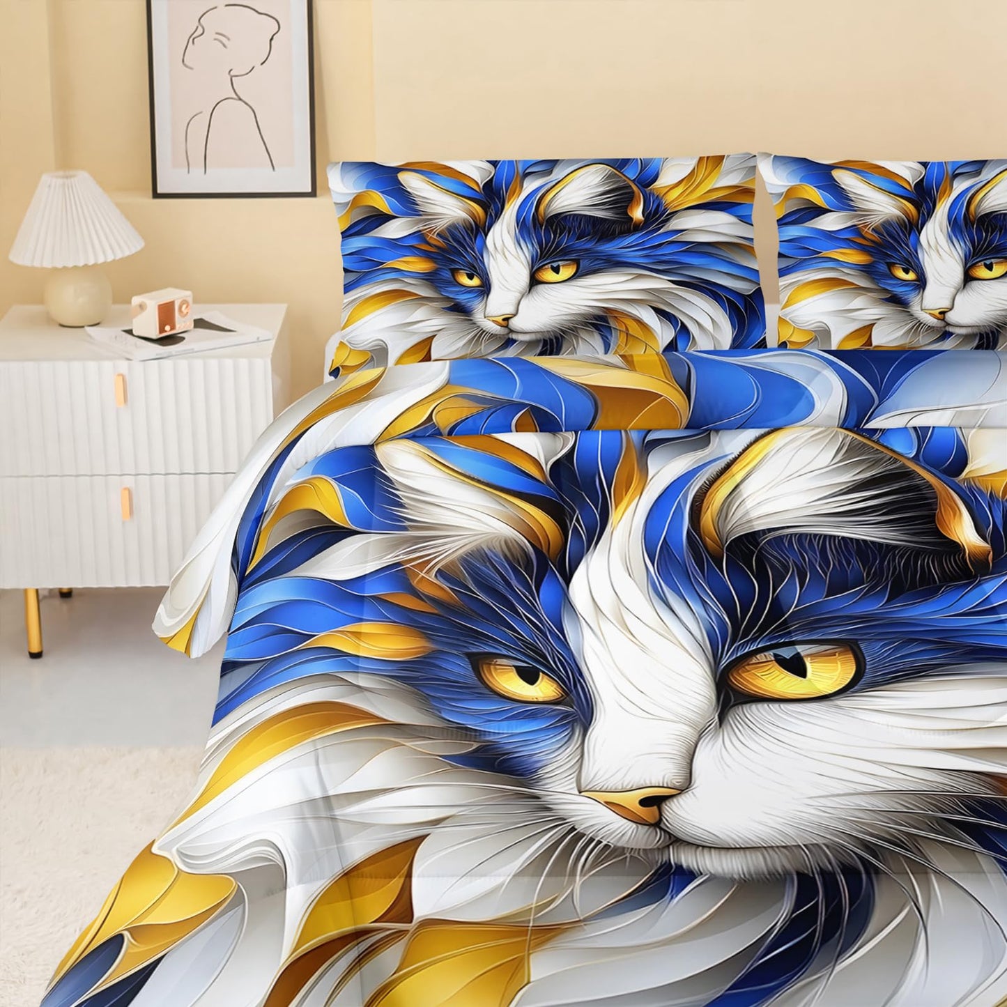 QOOMO Cartoon Cat Kids Bedding Set,Cute Animal Print Comforter Set for Boys Girls Teen Room Decorat,Soft Lightweight Bed Set All Season Queen Size,1 Comforter Set 2 Pillowcases