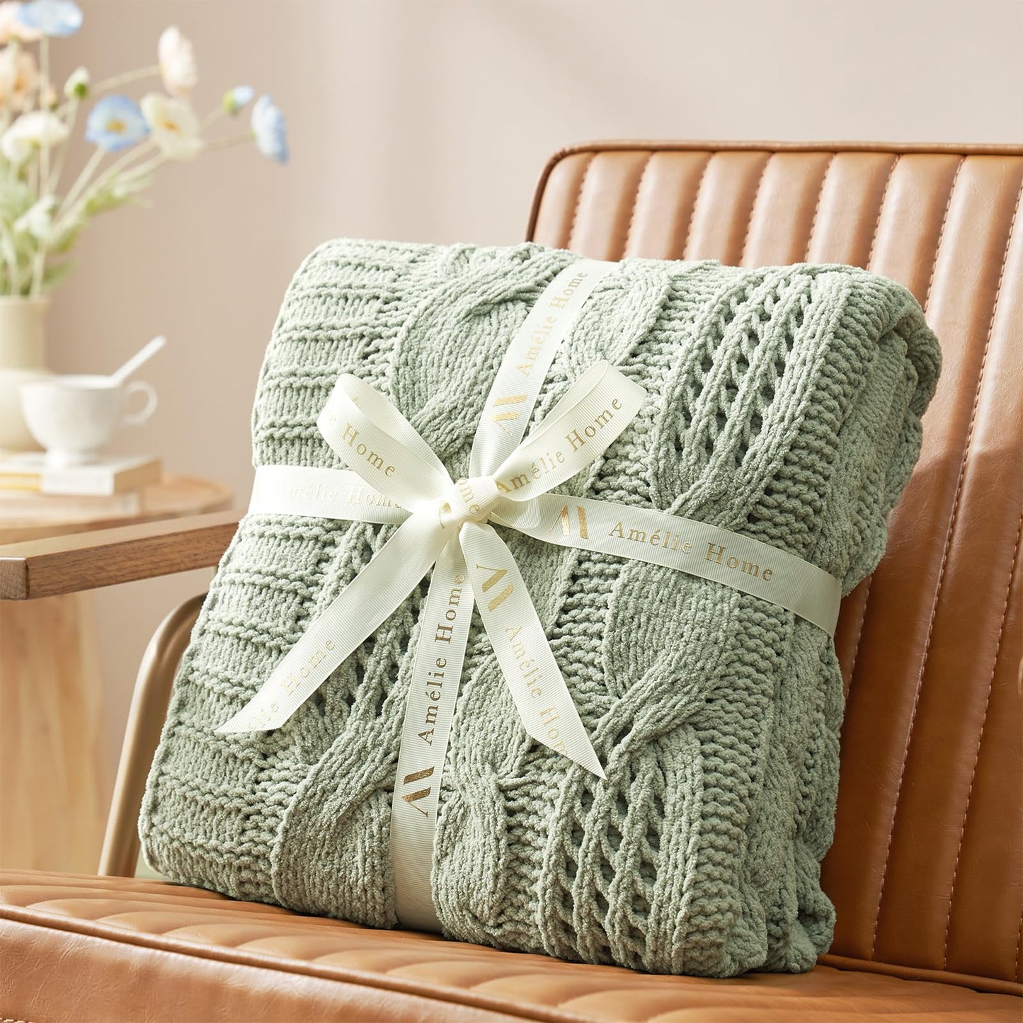 Amélie Home Chunky Knit Throw Blanket, Dual-Sided Soft Chenille Breathable Cable Knitted Blanket for Couch, Farmhouse Decorative Throw for Sofa & Chair, 50"x60", Sage Green