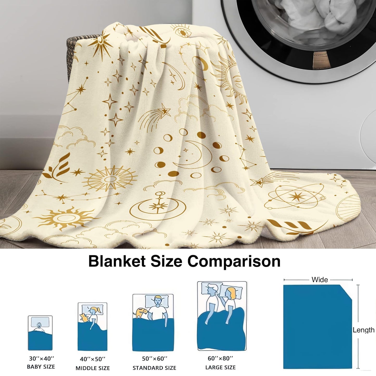 Miyotaa Celestial Constellation Astrology Blanket 50Wx60H Inch Sun Moon Phase Mysterious Beige Crescent Tarot Witchy Gift Warm Fuzzy Throw Blanket for Sofa Bed Throws Birthday Presents