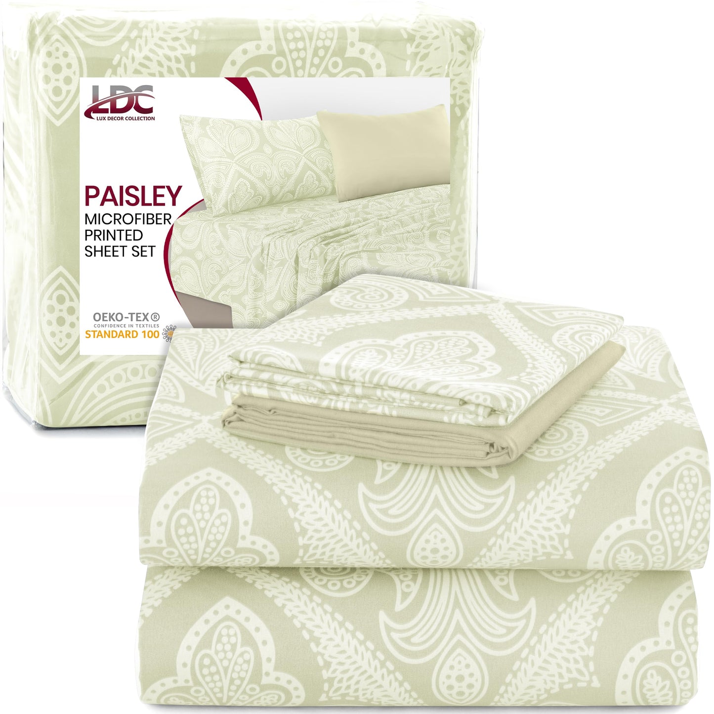 Ultra Soft Wrinkle-Free Microfiber Paisley Twin XL Sheet Set, Cute Floral Pattern Boho Print – 16" Deep Pocket Fitted Sheet, Flat Sheet & 2 Pillowcases, Breathable, OEKO-TEX - Ivory