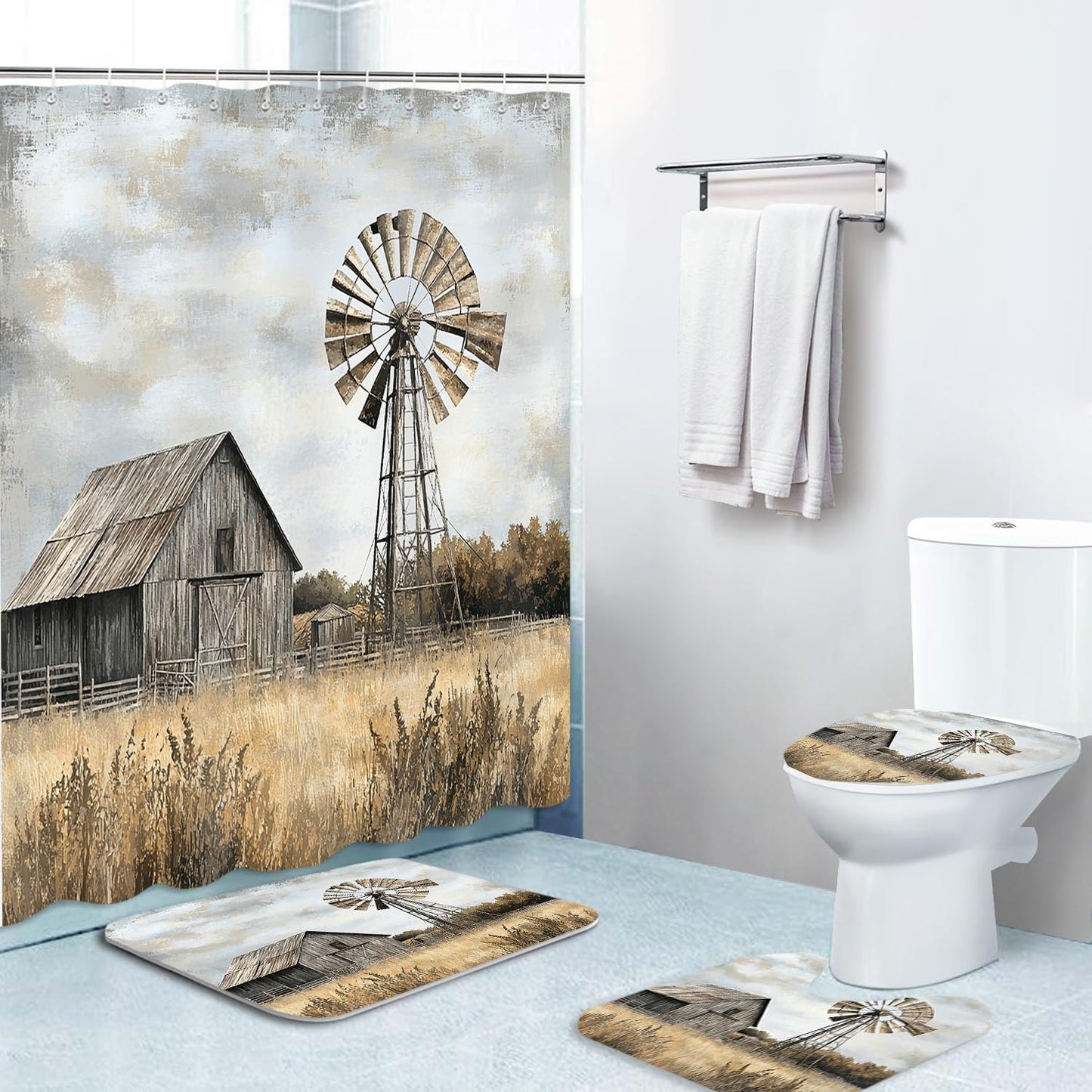 Sokdcam 4PCS Rustic Barn Windmill Shower Curtain Set, Western Farm Barn Farmhouse Bathroom Accessories with Non-Slip Rugs, Toilet Lid Cover Bath Mat and 12 Hooks, Home Decor 72" x 72"