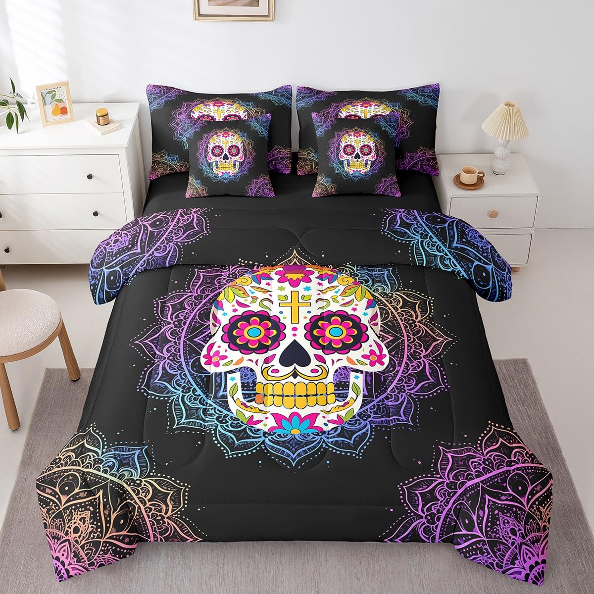 Erosebridal Sugar Skull Full Size Bed Sheets and Comforter Set,Bohemian Mandala 7 Piece Bedding Set Boho Floral Gothic Bone Bed in a Bag,Tribe Exotic Flower Halloween Skeleton Decorations