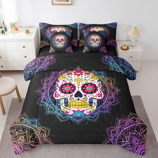 Erosebridal Sugar Skull Full Size Bed Sheets and Comforter Set,Bohemian Mandala 7 Piece Bedding Set Boho Floral Gothic Bone Bed in a Bag,Tribe Exotic Flower Halloween Skeleton Decorations