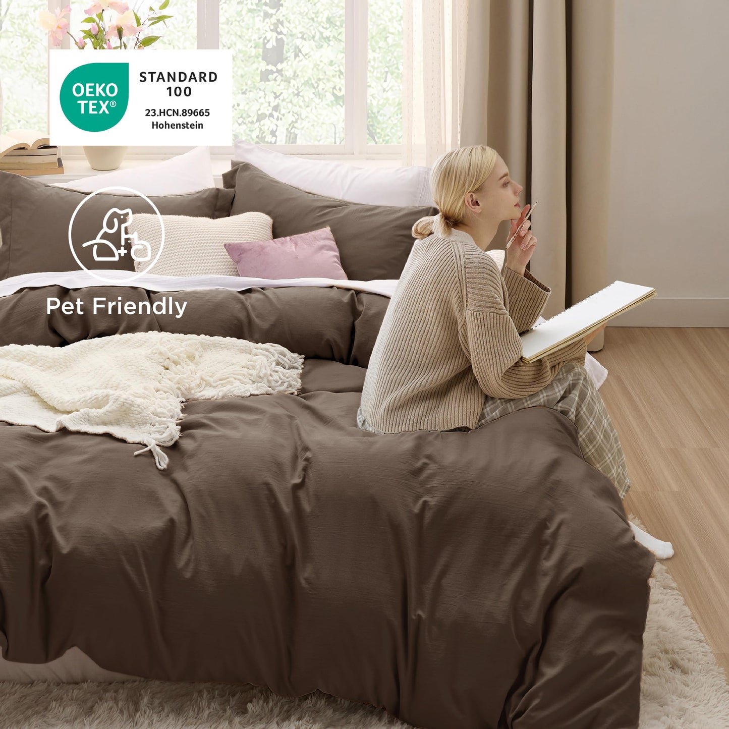 Bedsure Duvet Cover Queen Size - 3 Pieces Prewashed Cotton-Like Polyester Soft Bedding Set, Includes 1 Duvet Cover 90x90 Inches with Zipper Closure & 2 Pillow Shams, No Comforter，(Dark Brown, Queen)