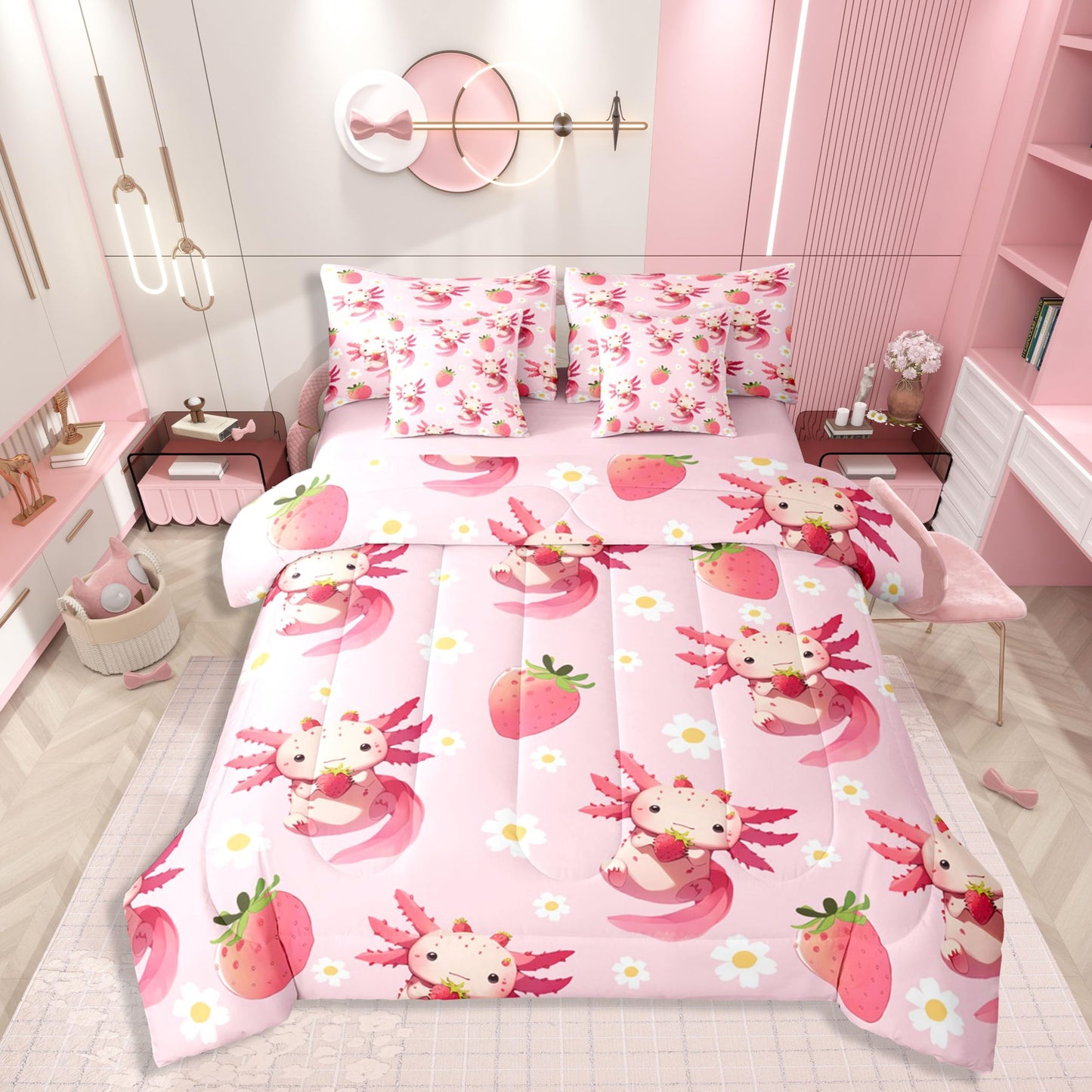 Erosebridal Strawberry Axolotl Queen Comforter Set Cute Pink Axolotl Bed in a Bag for Kids Girls Teens Cute Daisy Flower 7-Piece Bedding Set Kawaii Sea Animal Quilt Duvet Sets with Floral Design