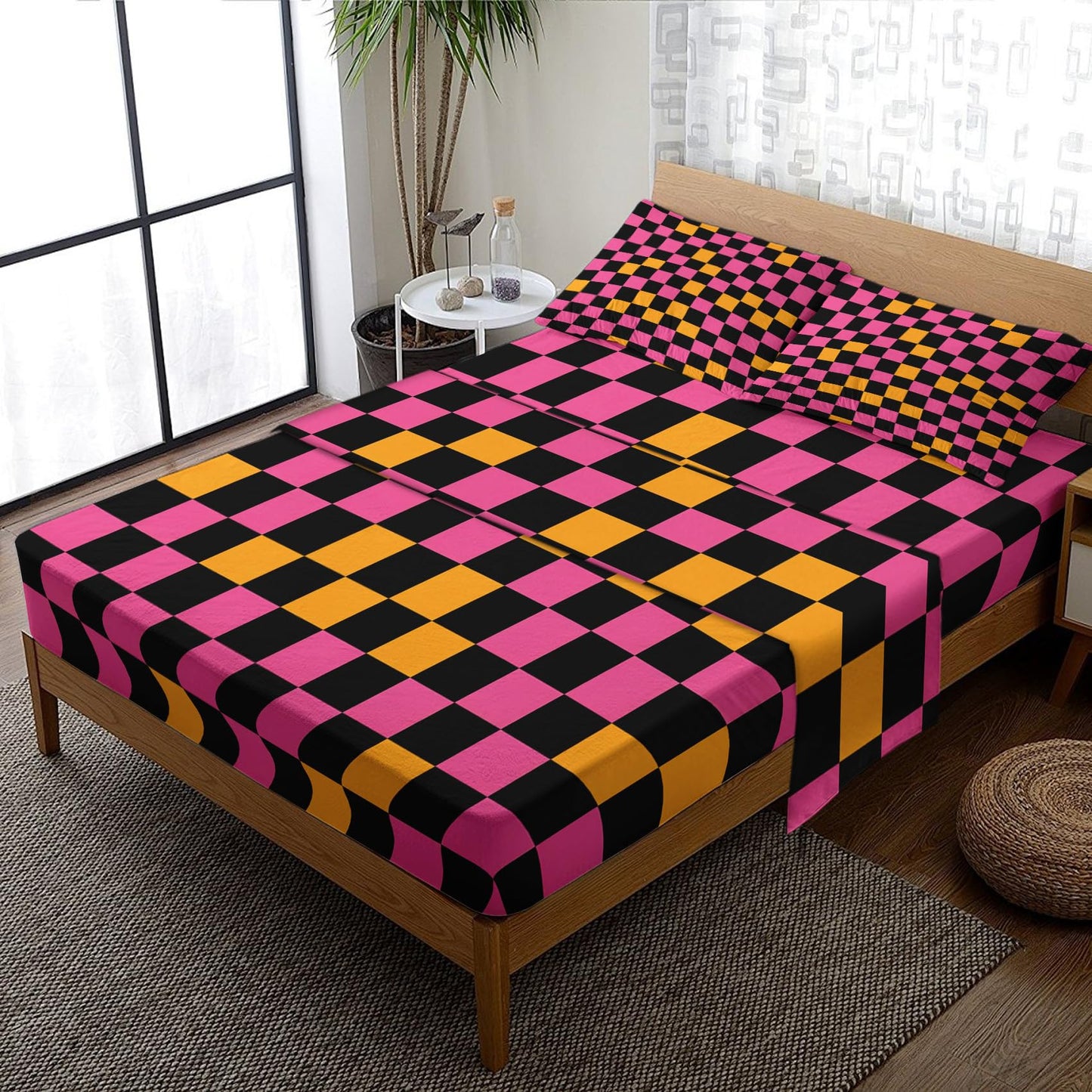 NOGAWA Retro Checkered Sheets King Size, 70s Geometric Bed Sheets, Y2k 2000s Bedding Sheets, Pillowcases 4 Piece Set, Microfiber Deep Pocket Fitted Sheet, Flat Sheet, 2 Pillow Cases