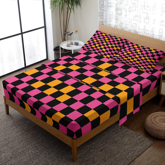 NOGAWA Retro Checkered Sheets King Size, 70s Geometric Bed Sheets, Y2k 2000s Bedding Sheets, Pillowcases 4 Piece Set, Microfiber Deep Pocket Fitted Sheet, Flat Sheet, 2 Pillow Cases