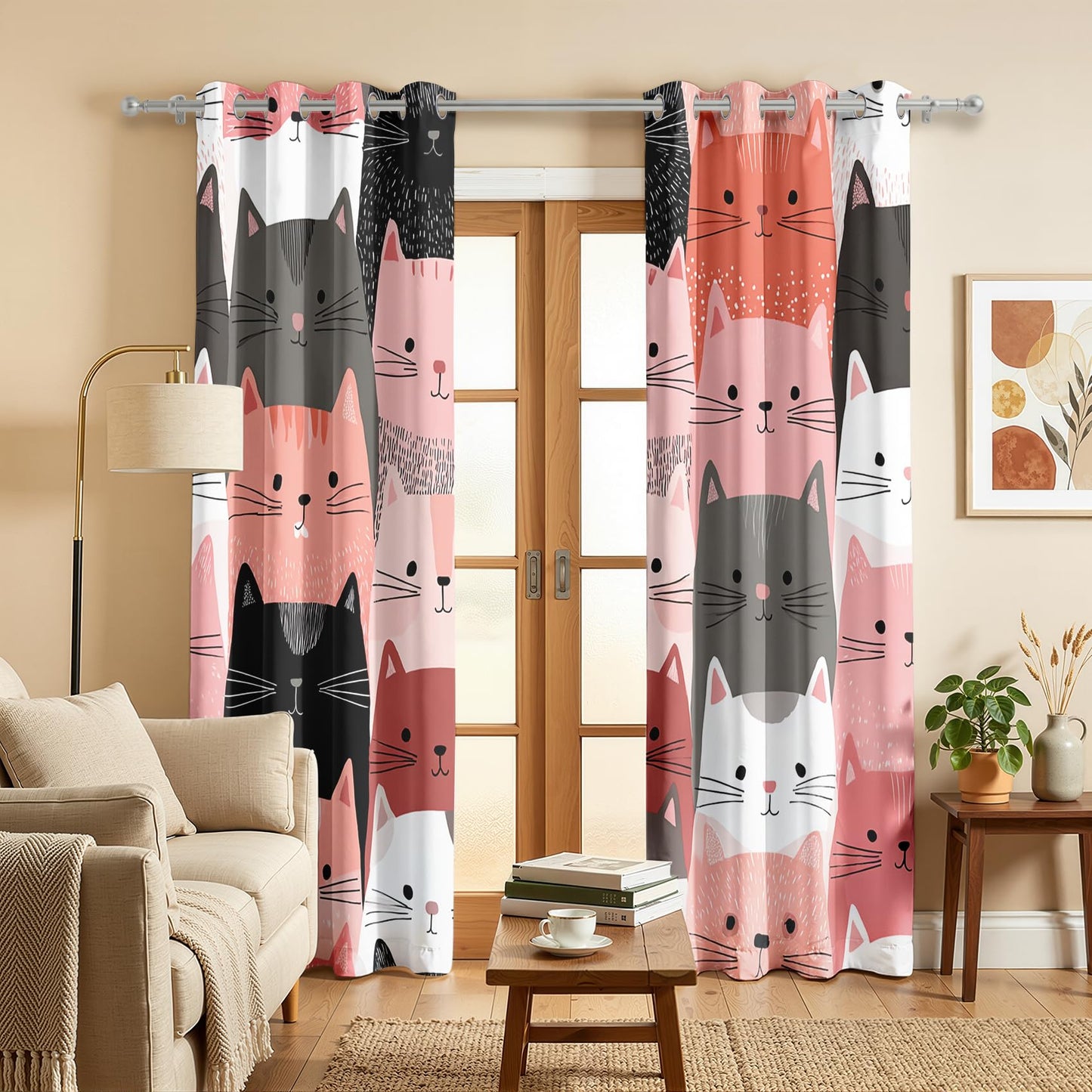 Mistwalk Girls Cute Kitten Blackout Curtains for Bedroom & Living Room, 84 Inch Curtains 2 Panel Set, Room Darkening Thermal Insulated Grommet Drapes, Kids Cat Lover Patterned Window Treatments