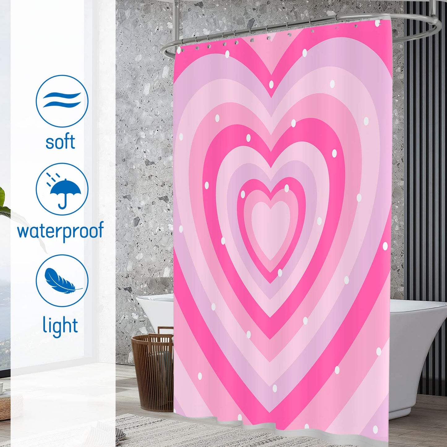 Seorsok Lovely Heart Shower Curtain Pink Modern Simple Home Tub Bathroom Curtain Decorative,Quick Dry Washable Durable Polyester Fabric 72" x 72"