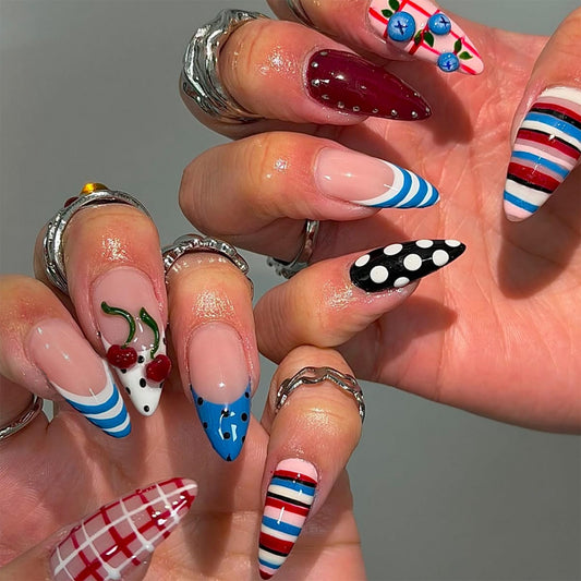 octoswave Long Almond Press on Nails Colorful French Fake Nails with Polka Dot and Stripes Designs for Women Girls 24Pcs