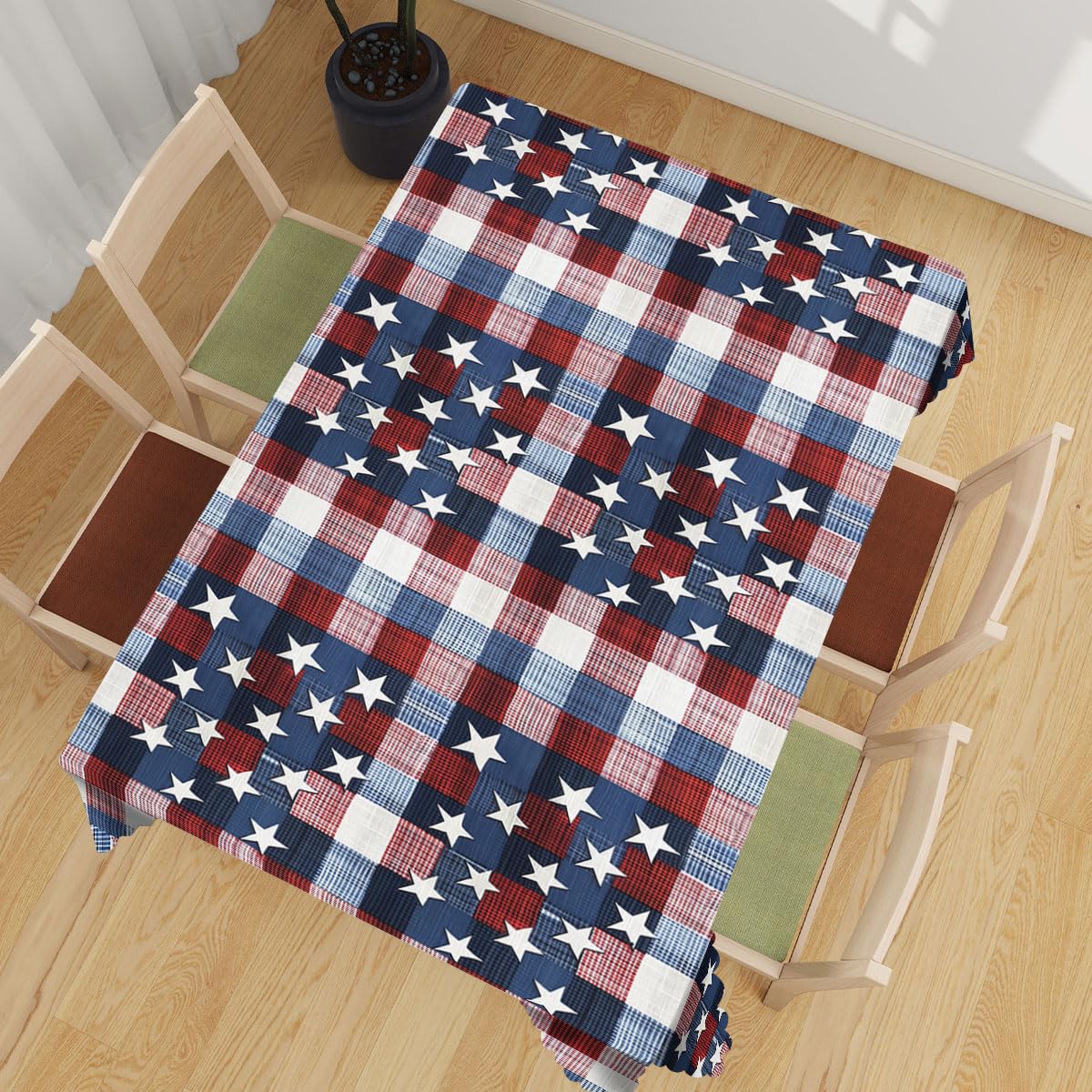 XYJFZL American Stars Table Cloth Red White Blue Plaid Patriotic Rectangle Tablecloth Picnic Table Cover BBQ Table Cloths Polyester for Kitchen Coffee 52 x 70 Inch 4-6 Seats
