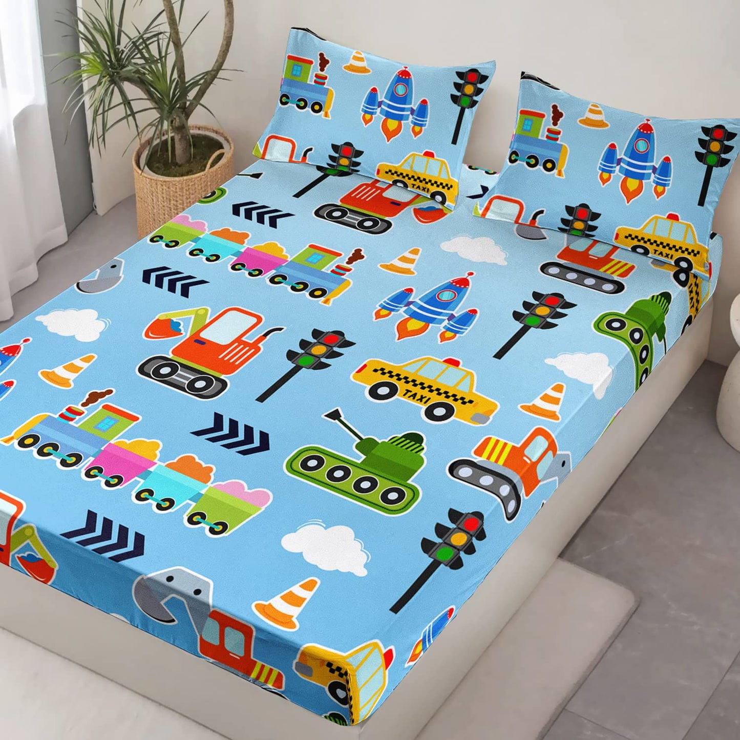 HOSIMA Cartoon Car Kids Fitted Sheet Set,Taxi Excavator Tractor Bedding for Kids' Room, Light Blue, Queen Size,1 Fitted Sheet+2 Pillowcases.