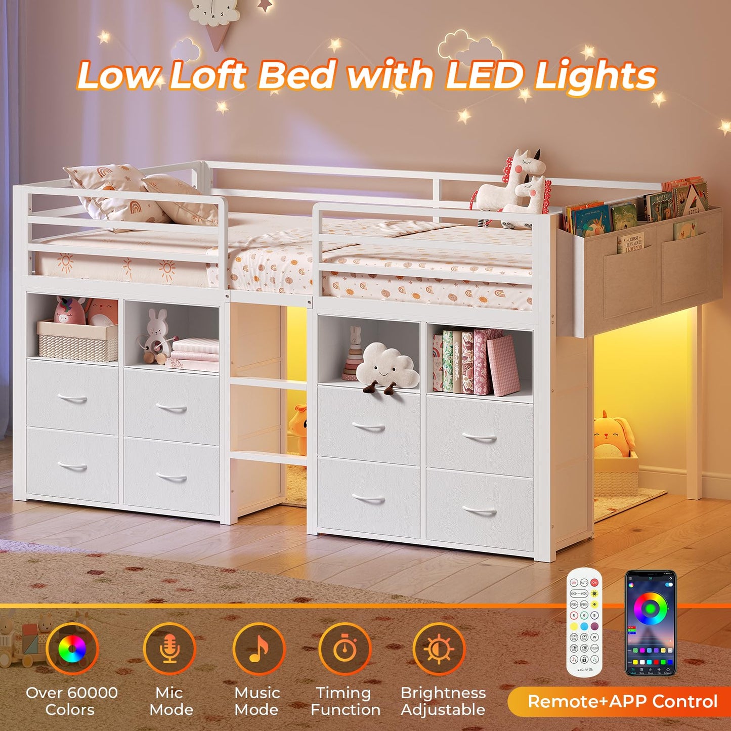 ADORNEVE Low Loft Bed Twin Size with 8 Storage Drawers, Twin Loft Bed with Bookcase and LED Lights, Metal Kids Loft Bed with 14" H Safety Guardrail, Under-Bed Play Space, No Box Spring Needed, White