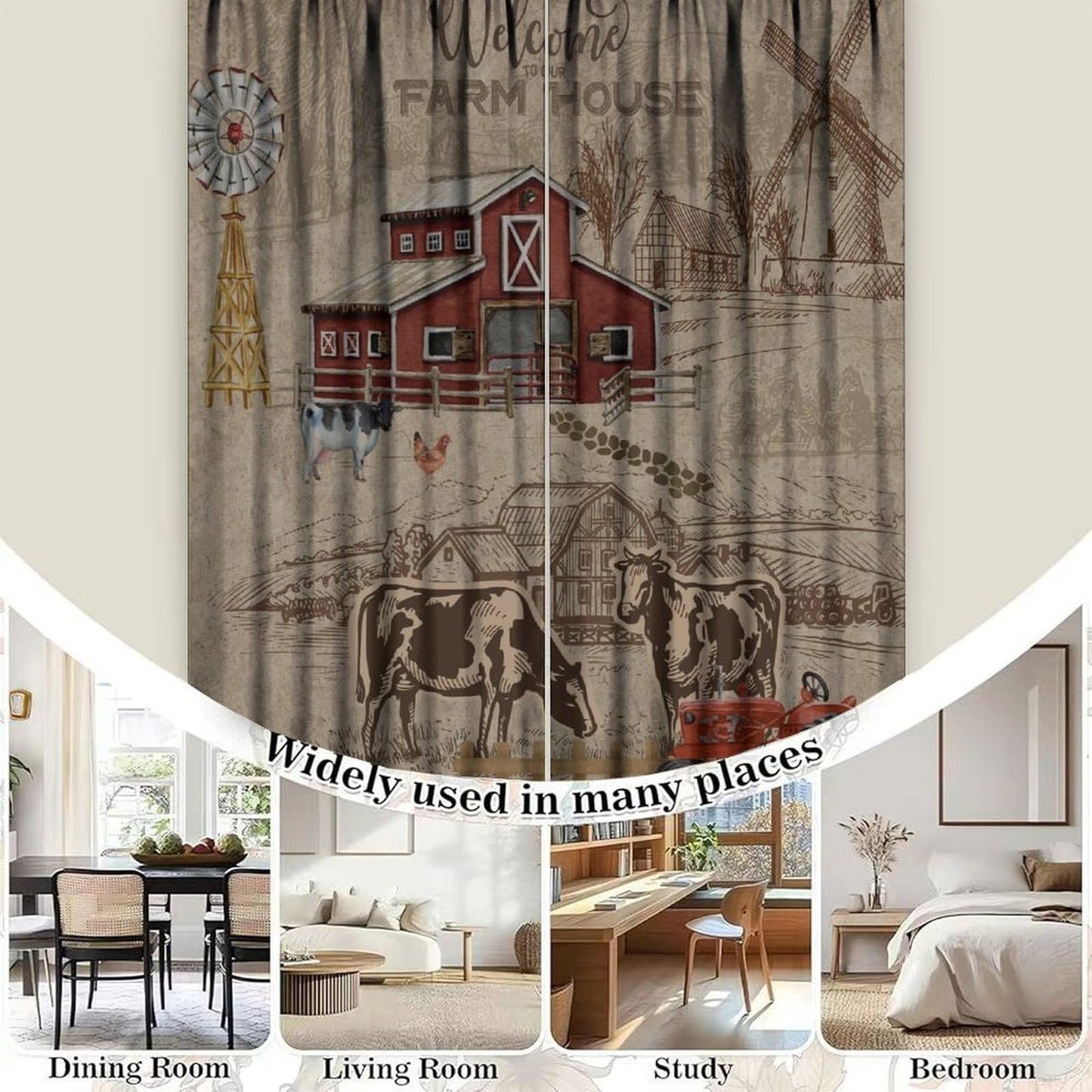 Tificats Farmhouse Cow Kitchen Curtains,Hand-Painted Vintage Red Barn Cow Rustic Tractor Windmill Welcome Sign Window Treatment for Bedroom Living Room Dining Room Cafe21 W x 45" L (Pack of 2)