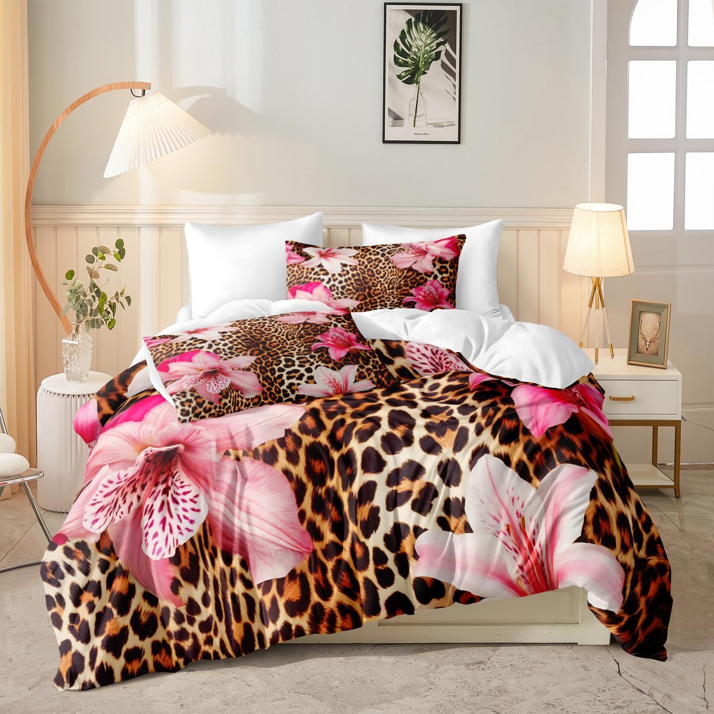 MOVE OVER Leopard Printed Comforter Set King Size 8 Pieces Bed in a Bag Pink Flower and Cheetah Printed Design Luxury Comforter Set with Sheet Set for Bedroom Decor
