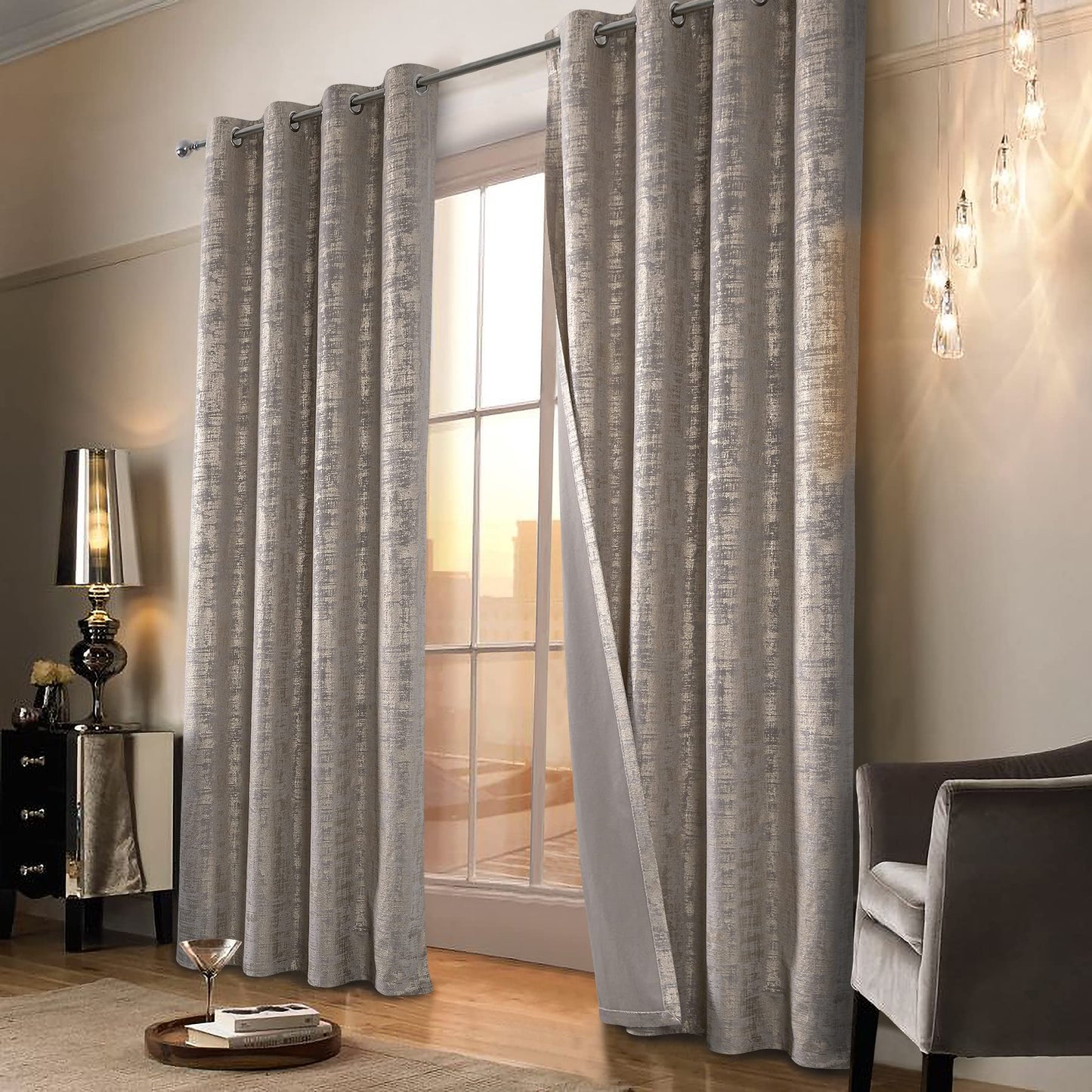 always4u Champagne Soft Velvet Curtains 84 Inch Length Luxury Bedroom Curtains Gold Foil Print Window Treatments for Living Room Bedroom Set of 2