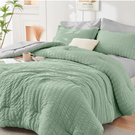 HYMOKEGE Sage Green/Light Grey Twin Comforter Set Seersucker 5 Pieces, All Season Luxury Bed in a Bag for Bedroom, Bedding Set with Comforter, Sheets, Pillowcase & Sham