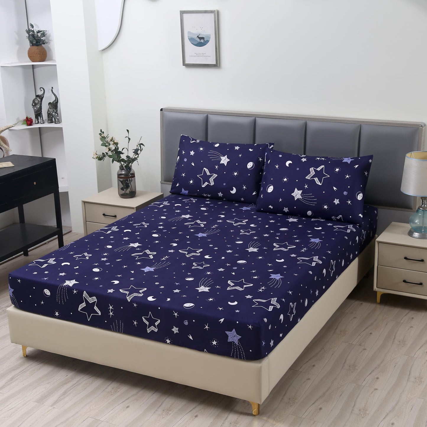 MAG 3pcs Purple Star Full Bed Sheet,Galaxy Space Microfiber Fitted Sheets with1 Fitted and 2 Pillowcases,14 Inches Deep (Purple and White,Full)