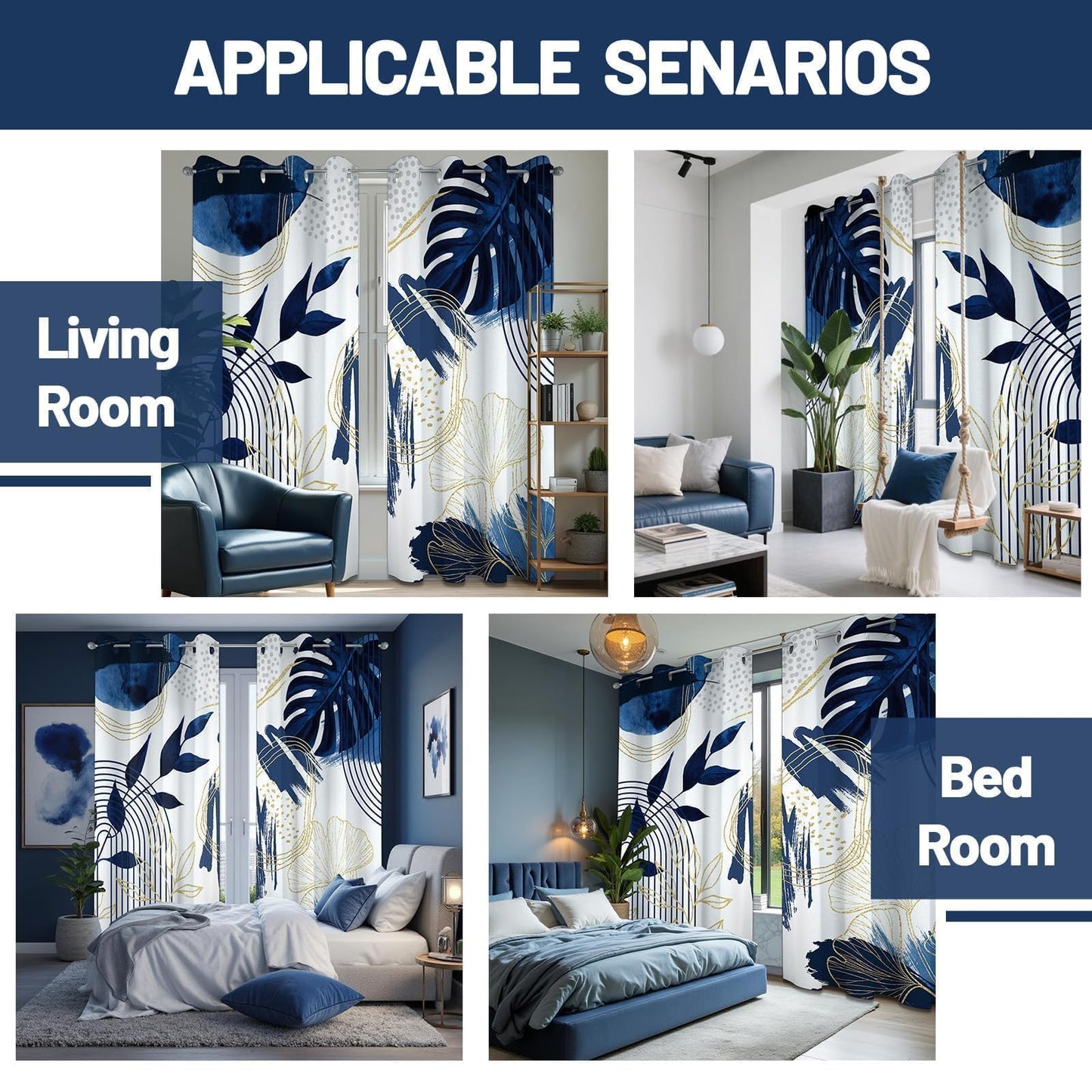 soeeao Boho Navy Blue Leaf Blackout Curtains, Bohemian Mid Century Modern Dark Blue and White Palm Window Drapes for Bedroom Living Room, 84 inch Length 2 Panels Set, 52x84 inch