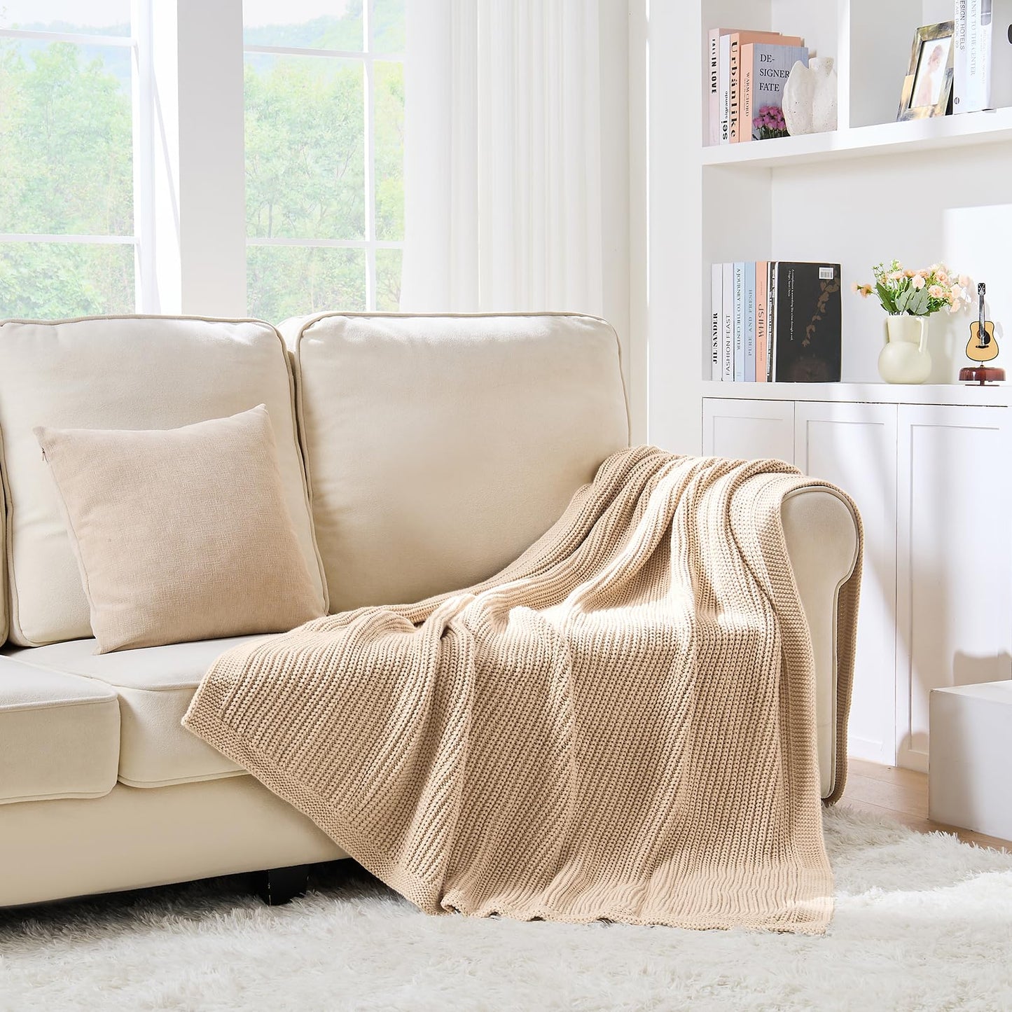 Chunky Knit Beige Throw Blanket for Couch Soft Cozy Thick Cable Knitted Throw for Sofa Bed Cute Decorative Blanket for Living Room,50"x 60",Ginger Beige