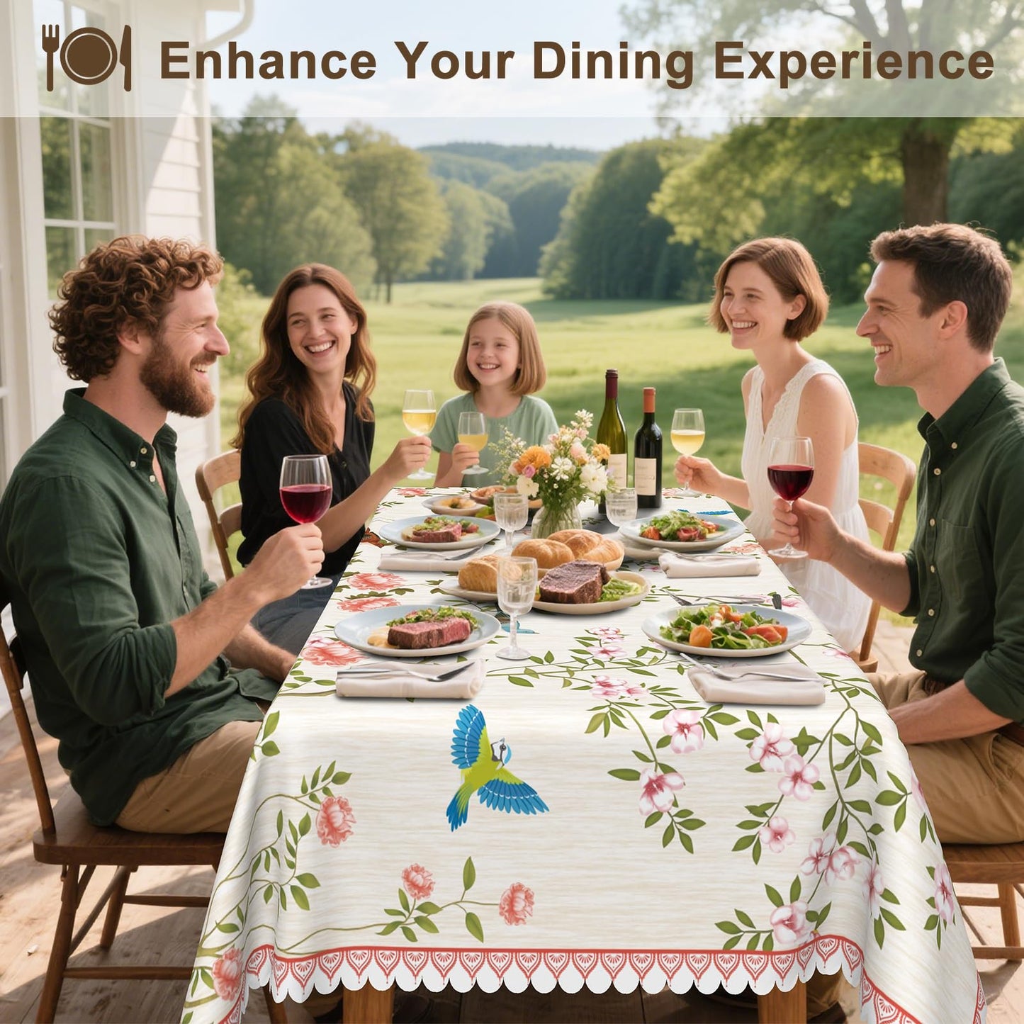 Waterproof Canvas 60 x 84 Inch Rectangle Table Cloth, Floral and Birds Pattern Stain Resistant Summer Outdoor Tablecloth, Heavy Duty Washable Dining Table Cover for Farmhouse, Dinner, Picnic, Party