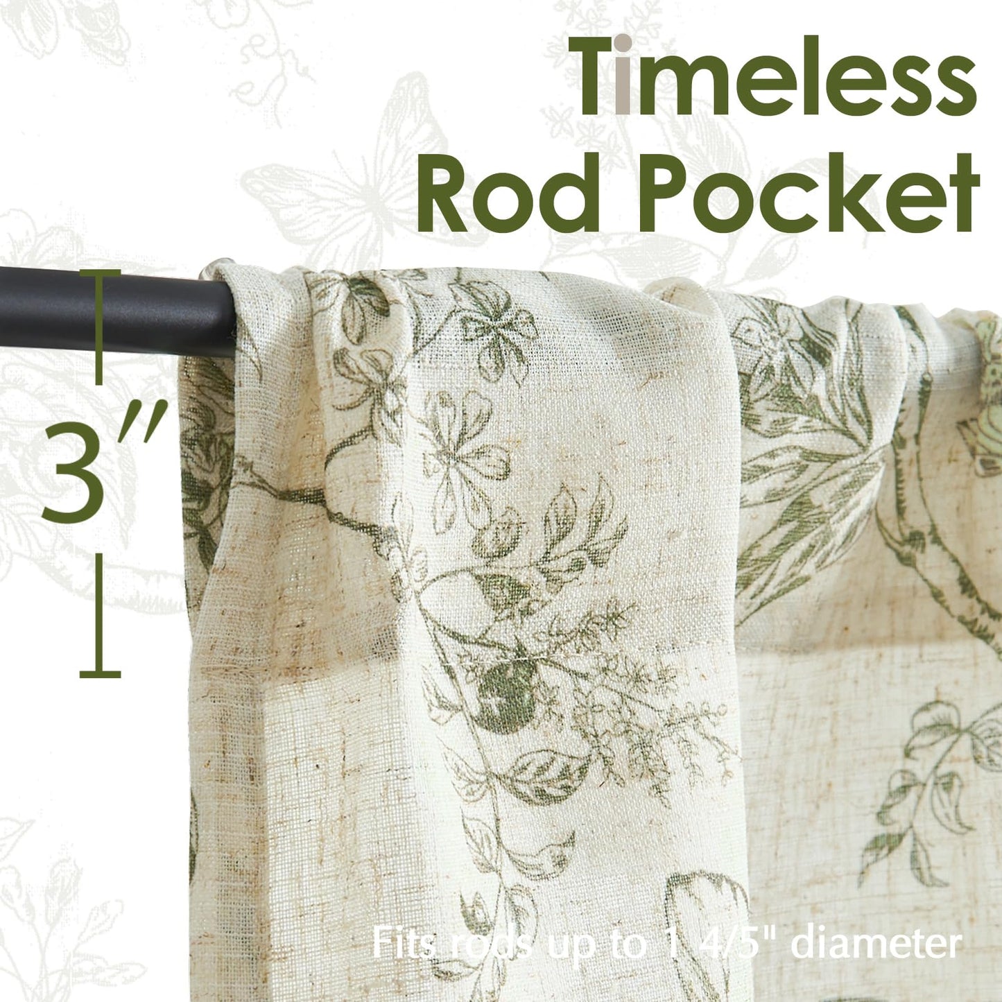 Lazzzy Linen Floral Kitchen Curtains 36 Inch Long, Green Farmhouse Kitchen Window Rustic Country Small Curtains Rod Pocket Tiers, Set of 2, Green on Beige