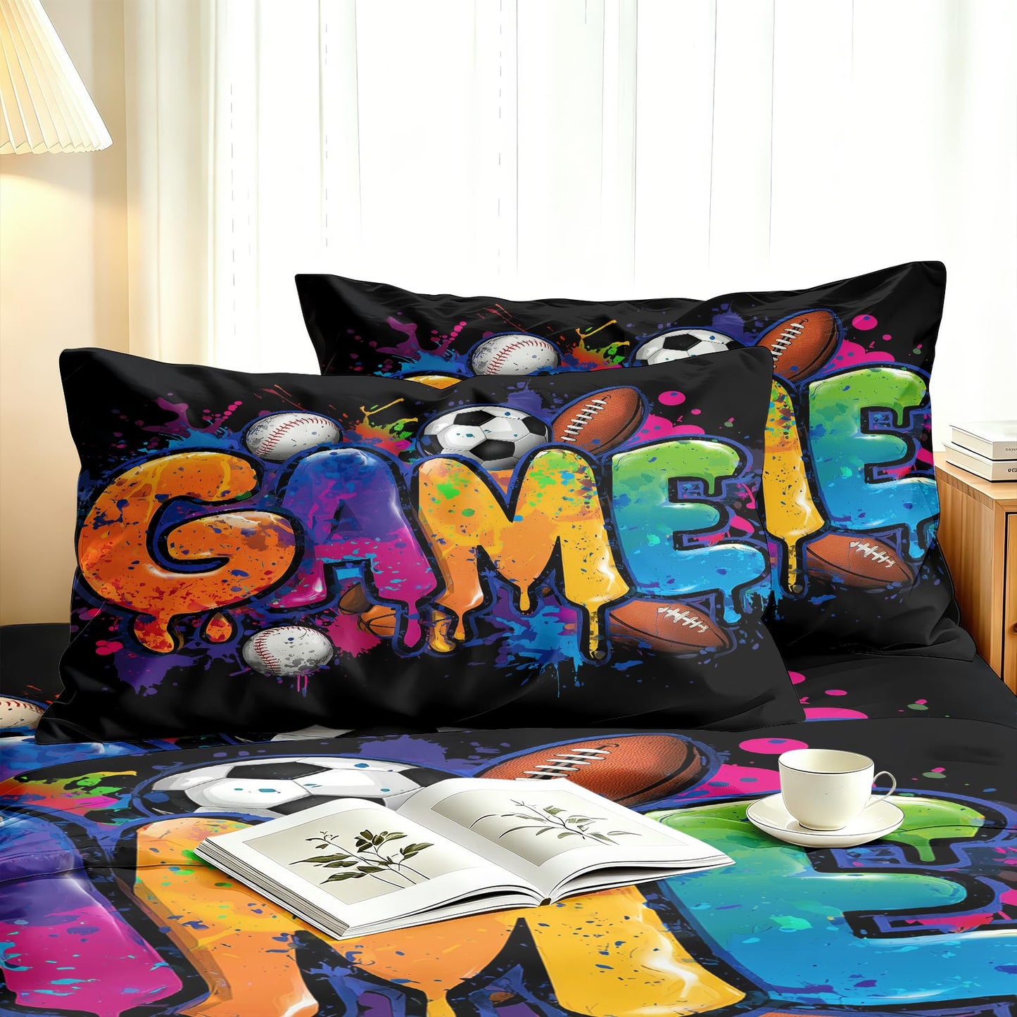 Ball Sports Twin Sheet Set 3 Pcs Graffiti Game Bed Sheets, Black Blue