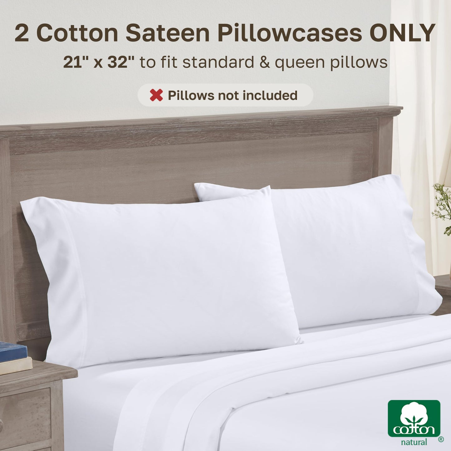 CALIFORNIA DESIGN DEN Luxuriously Soft Hotel Quality 600 Thread Count, 100% Cotton Set of 2 Cases, Crisp & Cool White Standard Pillow Cases Fits Standard & Queen Pillows (Bright White)