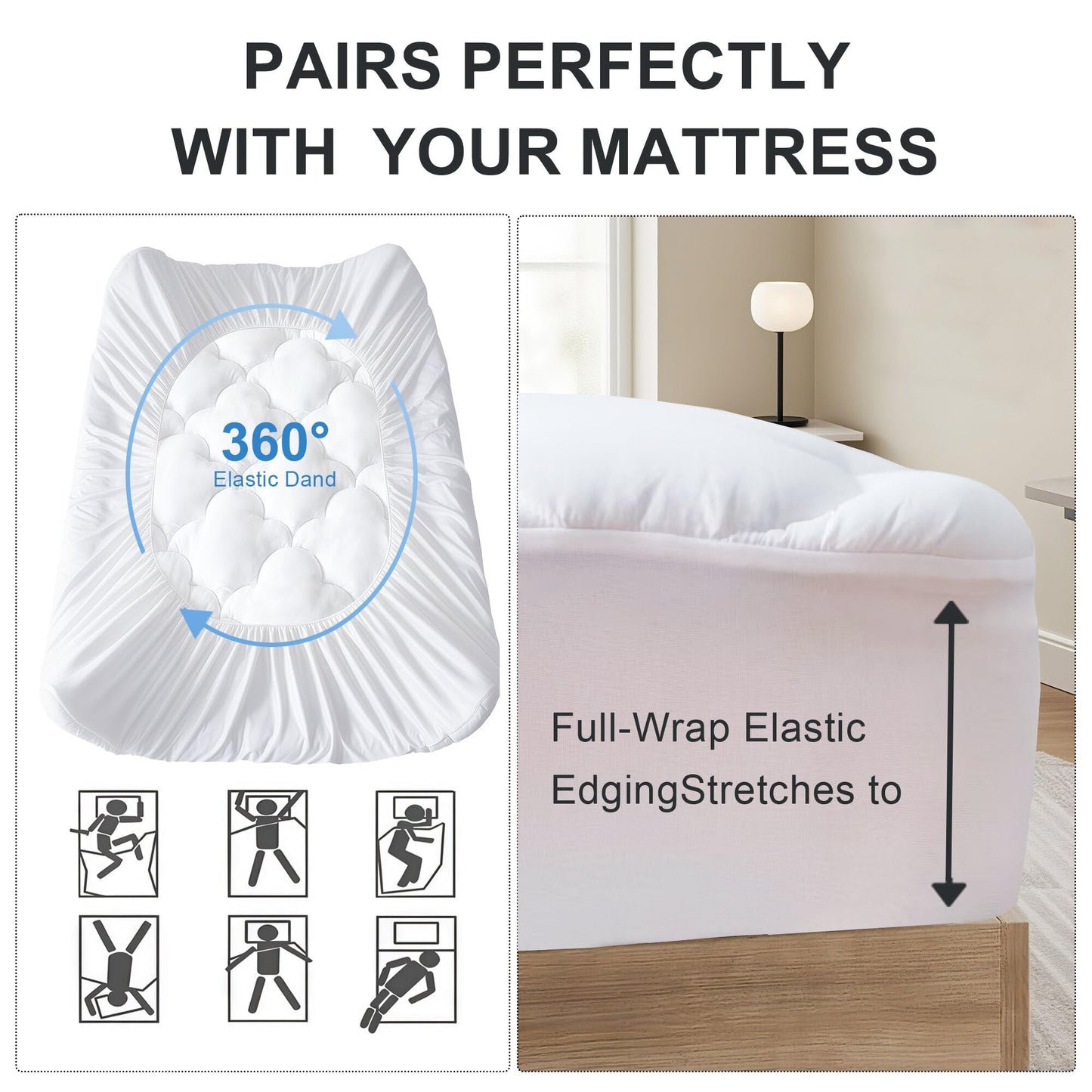 WQSPRING Supportive Quilted Mattress Pad Pillow Top Mattress Cover Protector Cooling Soft for Breathable Padded Fitted 8"-21" Deep Pocket (White,Full Size)