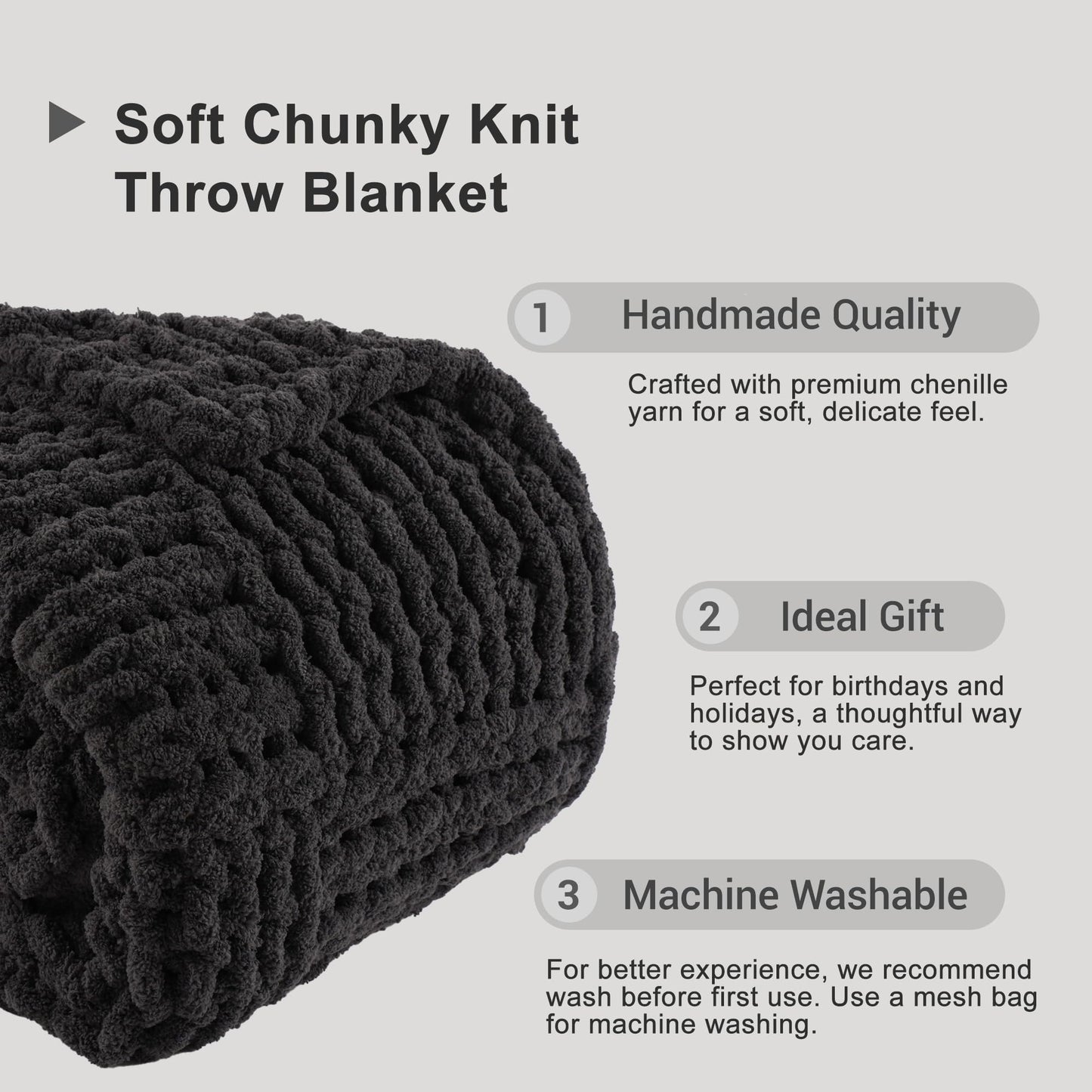 Bunnikins & Clover Dark Grey Throw Blanket for Couch, Chunky Knit Blanket Throw for Sofa & Home Decor, Soft and Cozy Charcoal Throw Blankets, 50"x60"