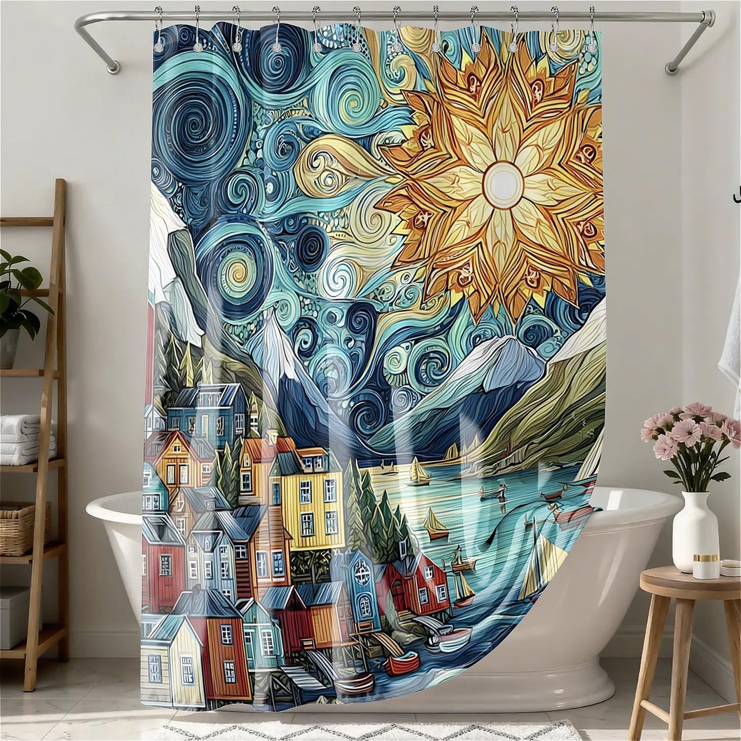 TANGXUNFA Colorful Fjords Shower Curtain for Bathroom, Water-Resistant Long Shower Curtain Set 72x72 Inch with Metal Grommets and 12 Metal Hooks