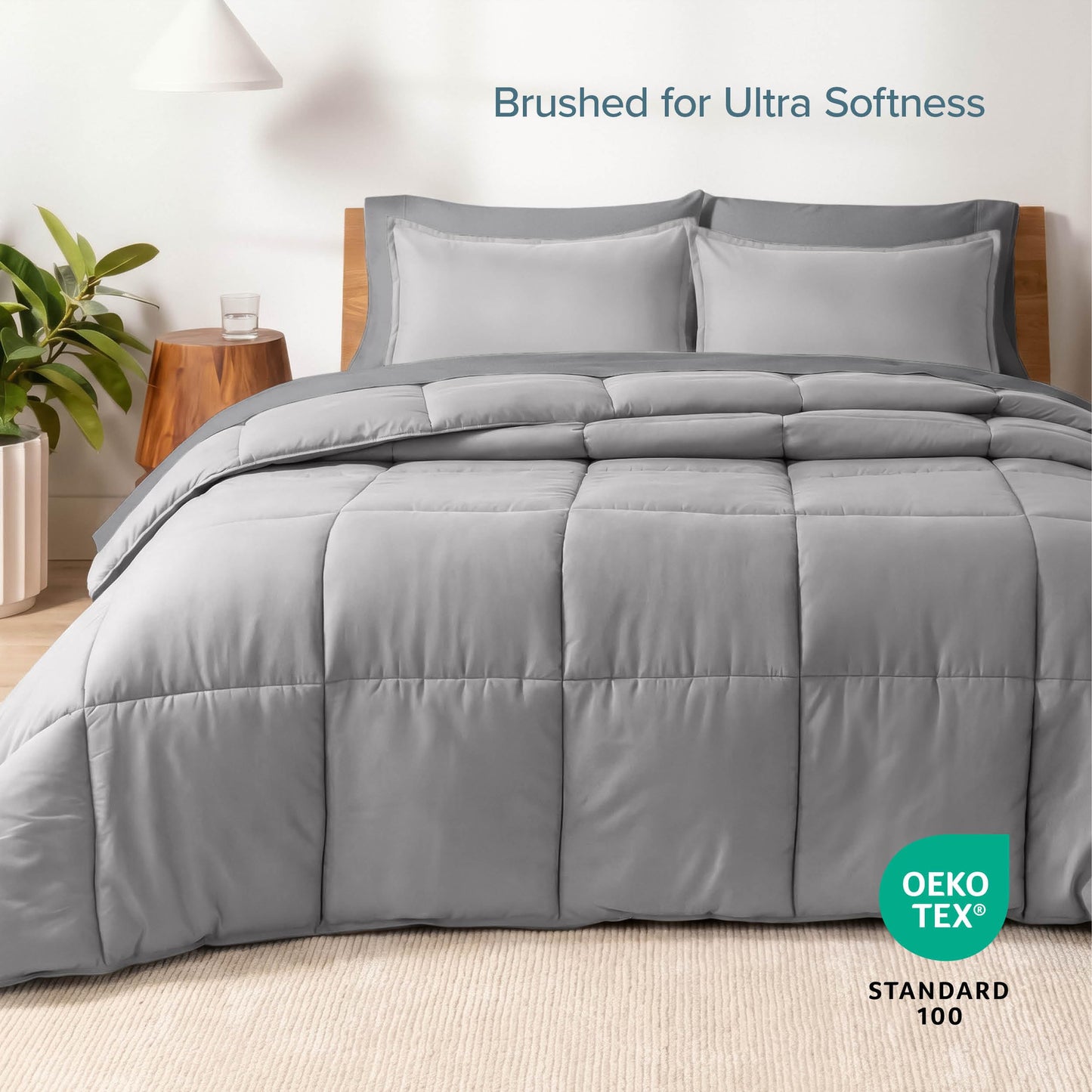 Bare Home Bed-in-A-Bag 7 Piece Comforter & Sheet Set - Queen - Goose Down Alternative - Ultra-Soft 1800 Premium - Bedding Set (Queen, Light Grey/Grey)