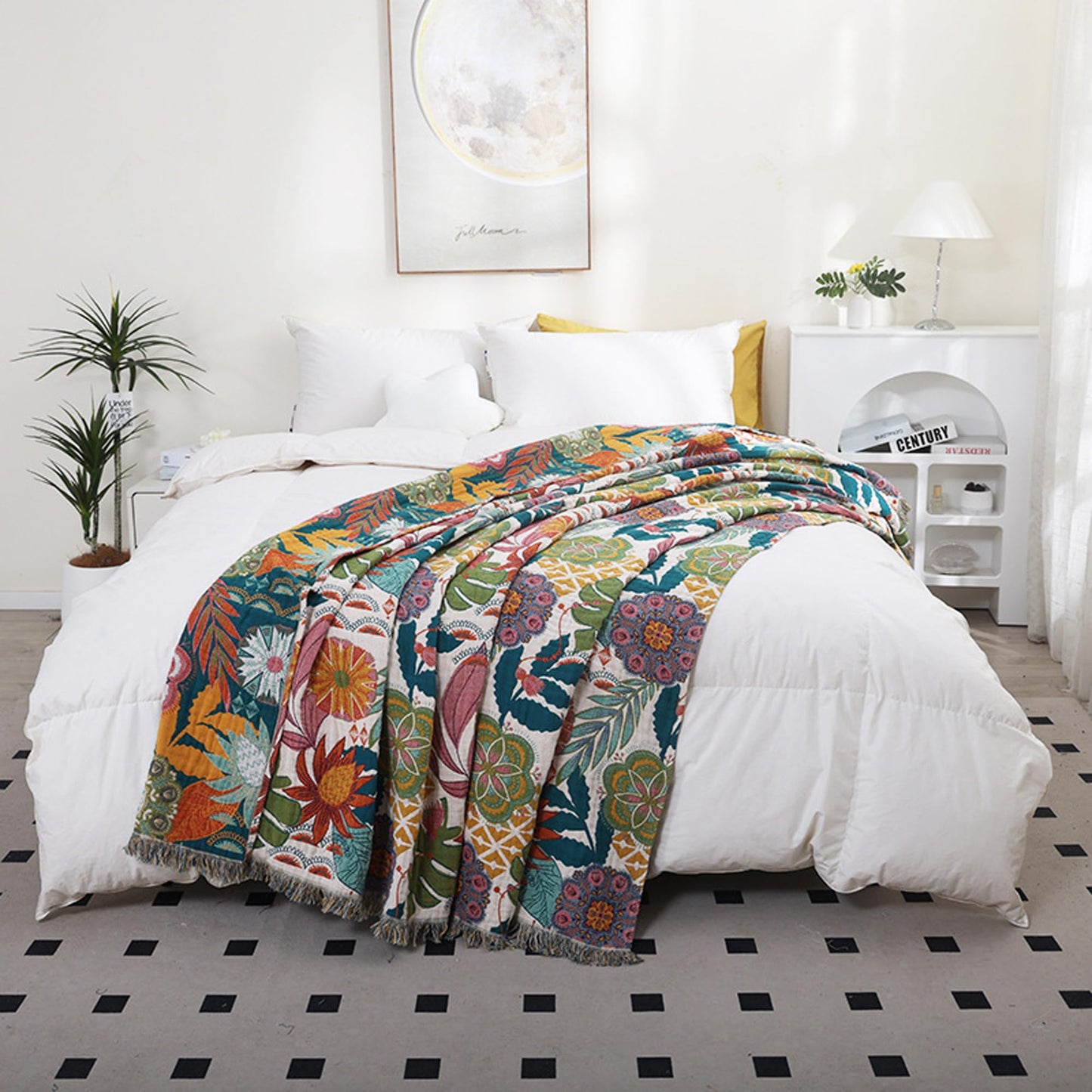 BRYALIX 100% Cotton Floral Throw Blanket, Muslin Lightweight Super Soft Quilt, All Season Decorative Reversible Jacquard Bedding with Fringe, Boho Tropical Floral Farmhouse Blanket, 60"x80"