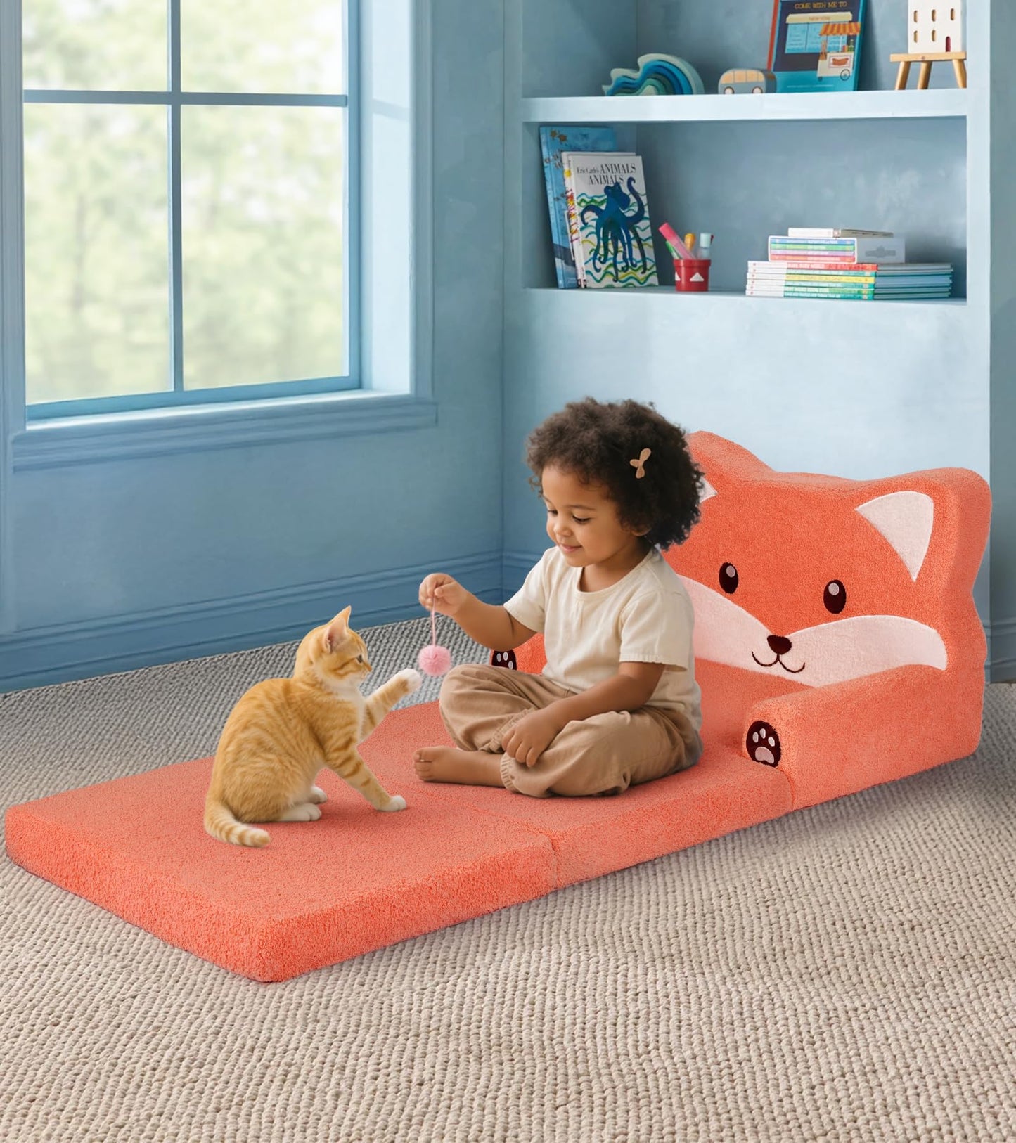 Foryoomi Kids Couch, 2-in-1 Soft Toddler Couch Fold Out with Blanket, Chair Comfy, Foldable Convertible Plush Sofa, Gifts for Kids Girl Boys, Fox