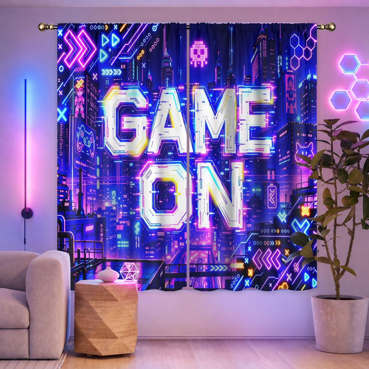 LIGHTINHOME Neon Game Curtains 42Wx63H Inch Boys Modern City Night Video Games Boys Cool Game On Urban Gaming Quotes Skulls Rod Pocket Bedroom Living Room Window Drapes Treatment Fabric 2 Panels