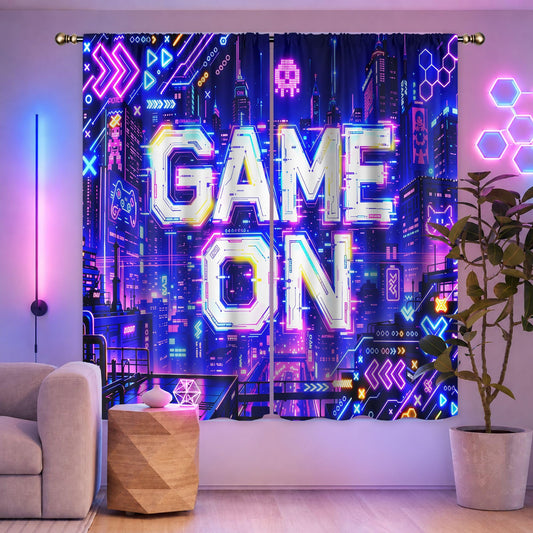 LIGHTINHOME Neon Game Curtains 42Wx63H Inch Boys Modern City Night Video Games Boys Cool Game On Urban Gaming Quotes Skulls Rod Pocket Bedroom Living Room Window Drapes Treatment Fabric 2 Panels