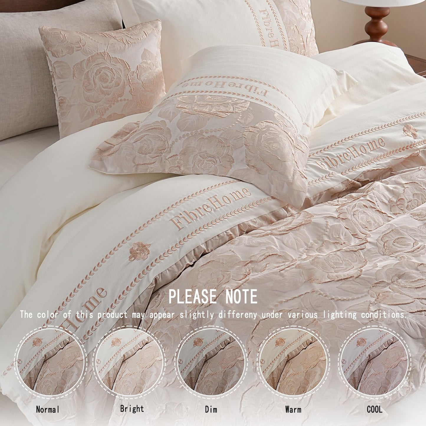 FibreHome Jacquard Bed in a Bag 6-Pieces Jacquard Weave & Embroidery Design Rose Floral Bedding Set Ultra Soft Microfiber Light Weight Comforter All Season Queen Beige Bedding Sets