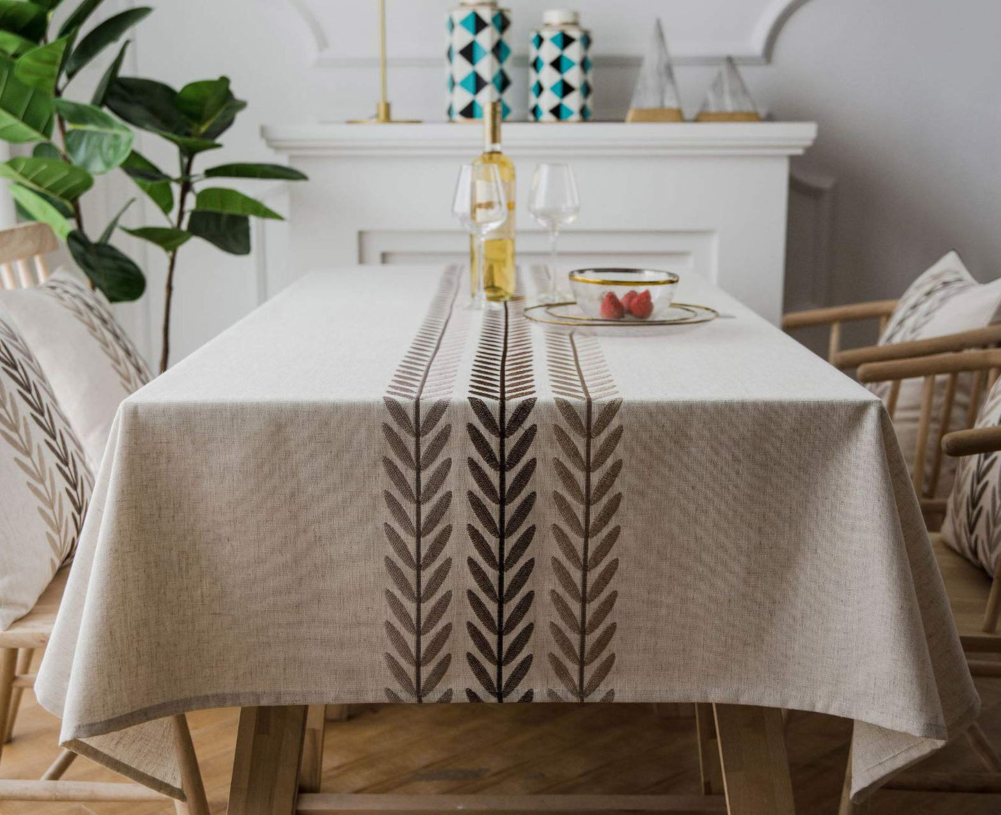 Bringsine Embroidery Wheat Ear Tablecloth Heavy Weight Cotton Linen Fabric Dust-Proof Water-Proof Table Cloth Cover for Kitchen Dinning Tabletop Decoration (Rectangle/Oblong, 53 x 53 Inch, Linen)