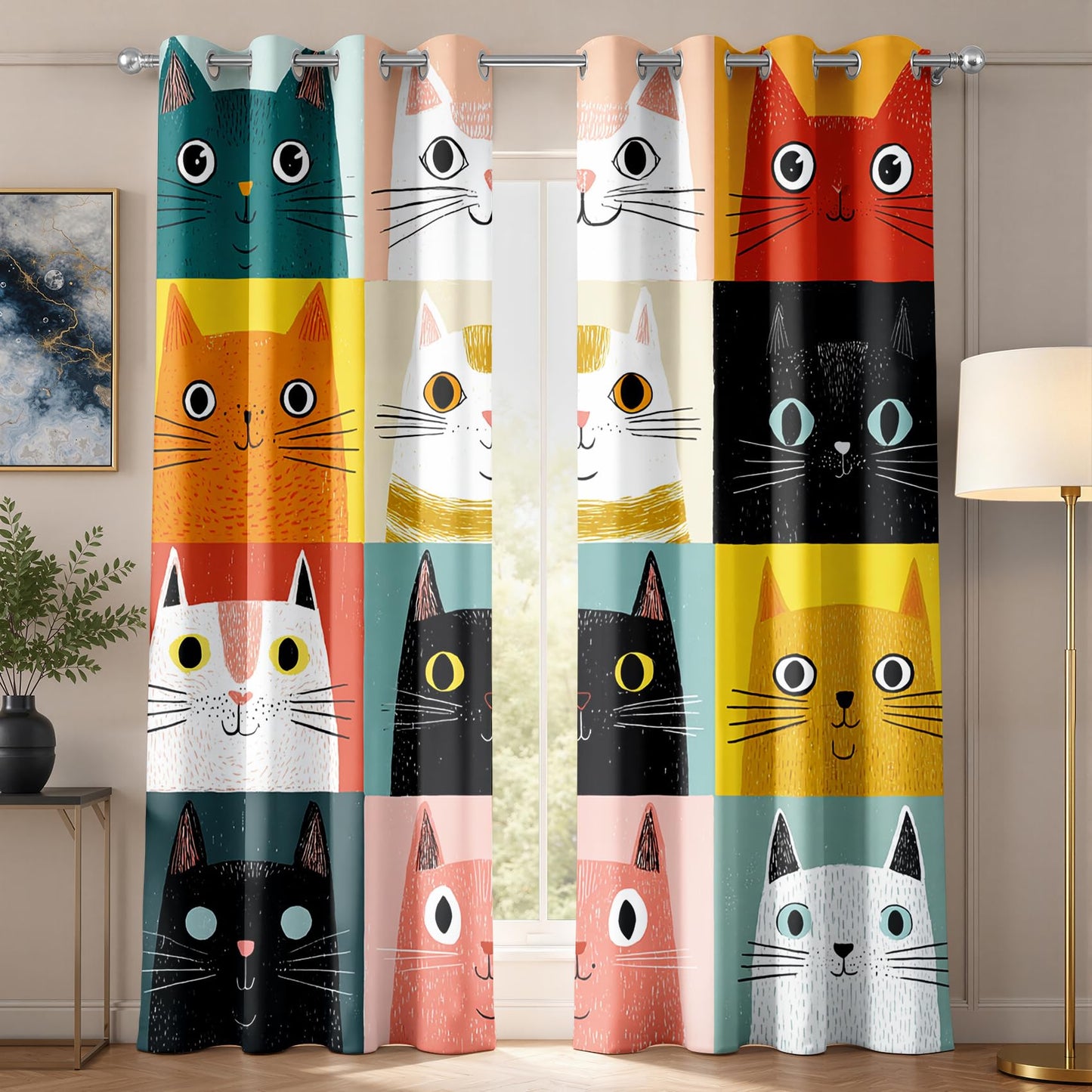 Cartoon Cat Curtains 45 Inch Length 2 Panels Set, Kids Cute Colorful Patchwork Cat Nursery Patterned Blackout Curtains for Kitchen, Thermal Insulated Room Darkening Grommet Drapes