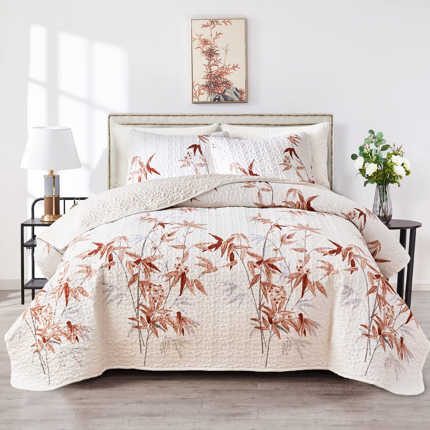 Botanical Quilt Set 3 Pieces King, Burnt Orange Leaves on White Design Reversible Bedspread Coverlet Set, Soft Microfiber Lightweight Bed Cover for All Season (102" x 90", 1 Quilt+ 2 Pillow Shams)
