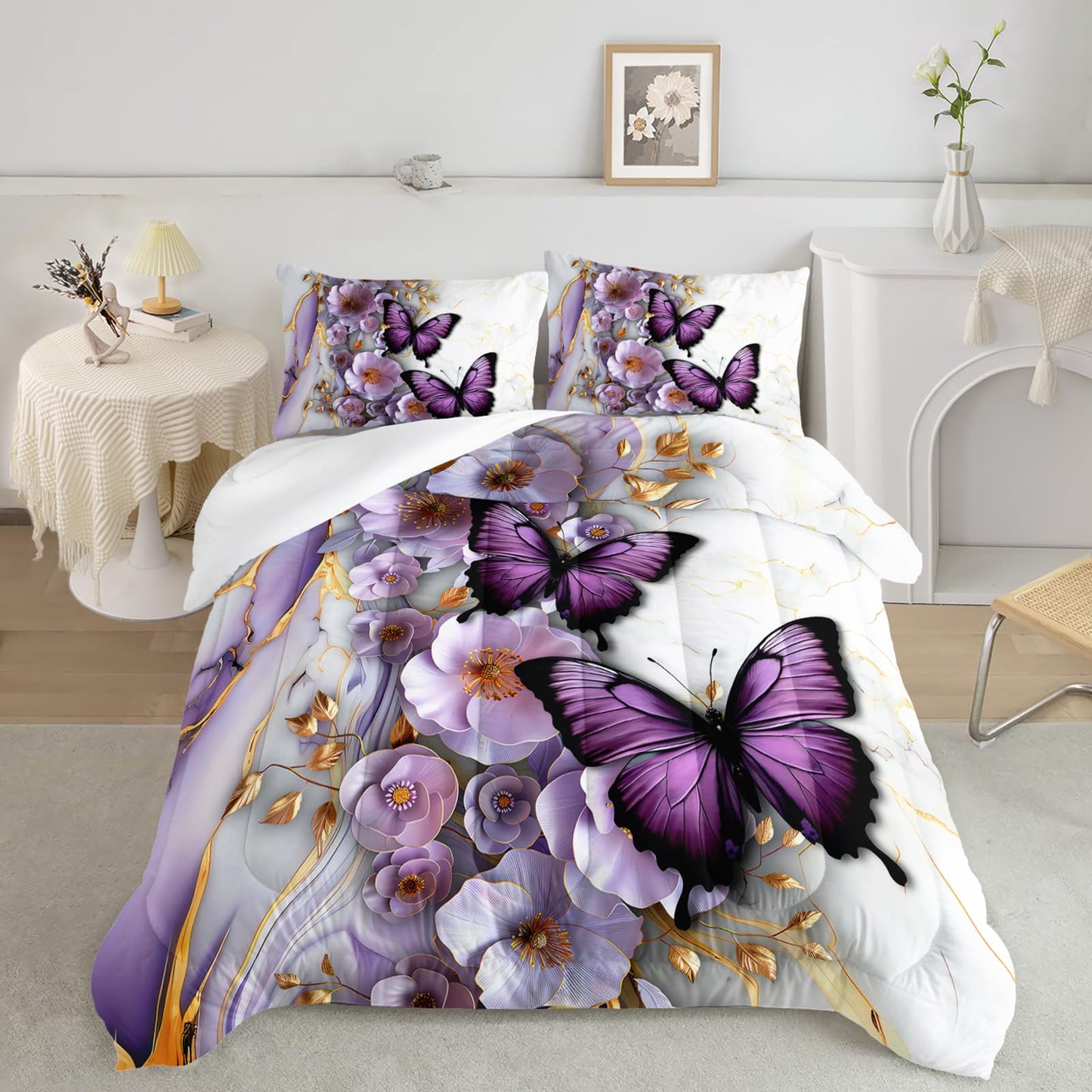 AILONEN Purple Floral Butterfly Comforter Set Twin Size,Gold White Marble Flower Bedding Set for Kids Girls Women,1 Quilt with 2 Pillowcases-3 Pieces
