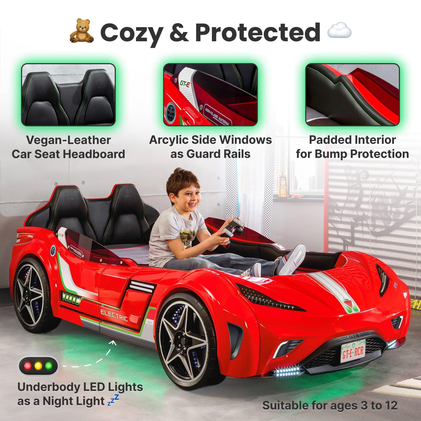 Cilek GTS EV Twin Kids Race Car Bed with Remote Control, LED Lights & Sounds, Vegan Leather Headboard, Guardrails, Non-Toxic, Fits Twin Mattress, Red