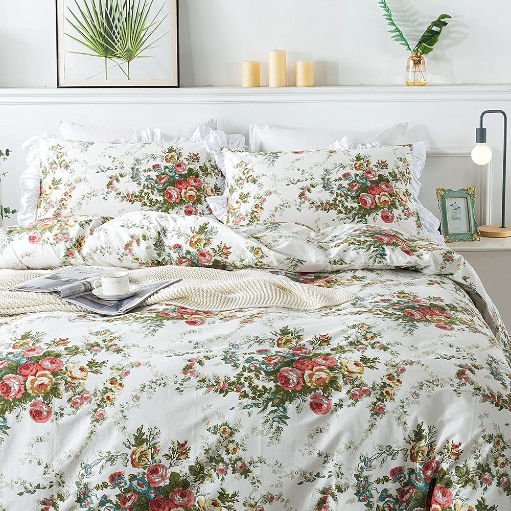 FADFAY Floral Duvet Cover Set King/Cal King（102×96 inches） 100% Cotton Ruffle Vintage Rose Comforter Cover Set, Red Teal Flower Printed Off White Girls Shabby Bed Covers,Soft and Breathable, 3Pcs
