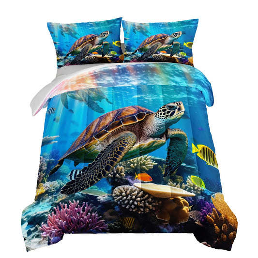 HOSIMA Coastal Beach Themed Bedding Set,Retro Turtle Comforter Twin Size for Kids Teens Boys Girls Room Decor,Underwater World Coral Fish Printed Bedding Set with 2 Pillowcases.