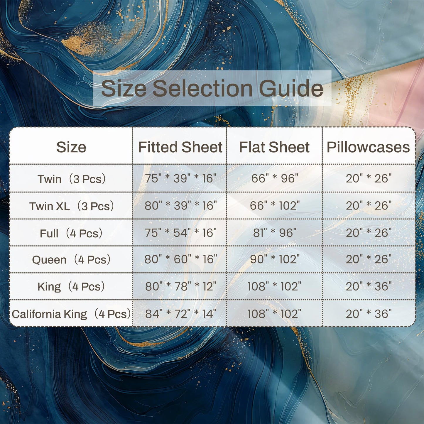 Marble Bedding Set 4 Pcs Fluid Liquid Swirl Full Sheets, Blue Gold