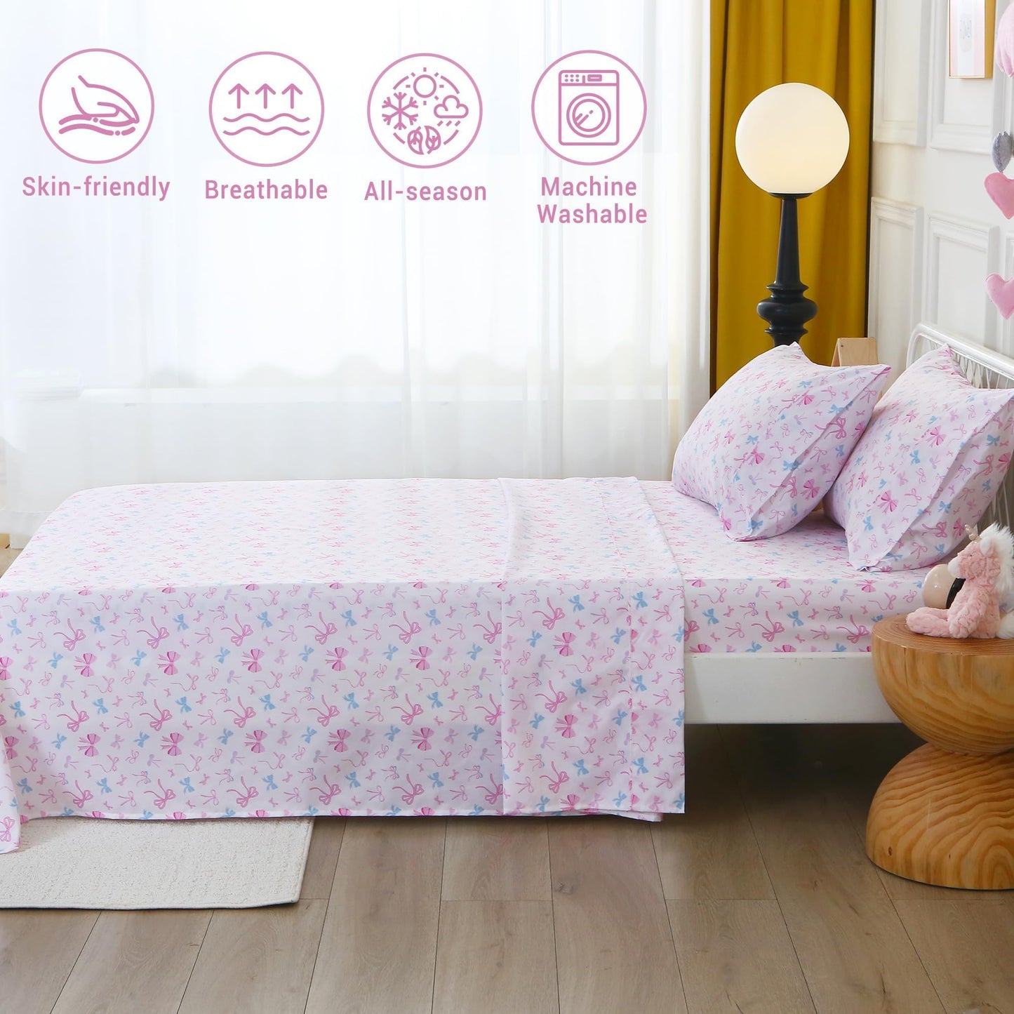 Softan Kids Bed Sheet Set, Girls Twin Size Kids Sheets, Microfiber Fitted Sheet and Pillowcase, Breathable and Silky Soft, 3 Piece Colourful Bowknot Printed Twin Bed Sheet