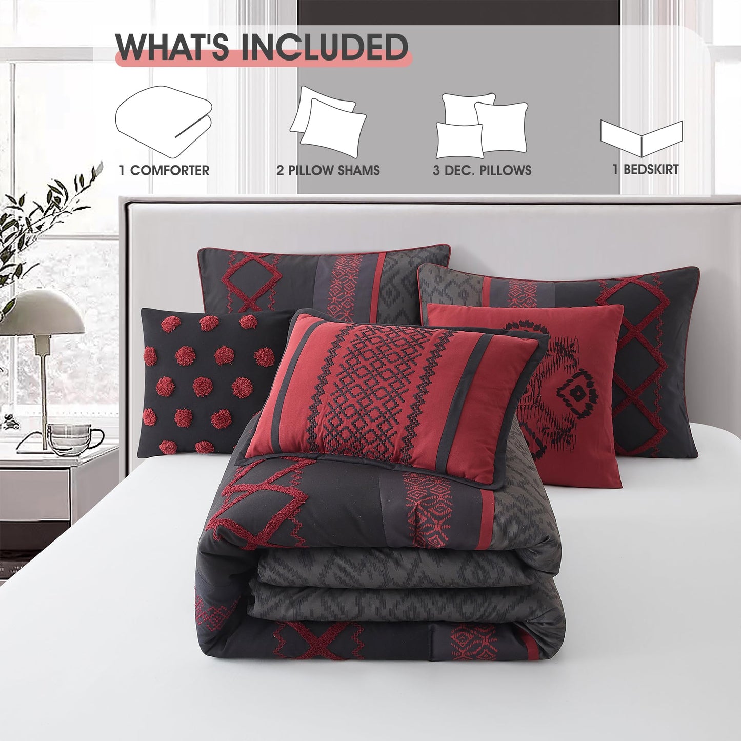 LANCO MODERN LIFESTYLE Black Red Queen Comforter Set, 7 Pieces All Season Bedding Sets in a Bag with Geometric Terry Embroidered Comforter, Bed Skirt, Pillow Shams and Decorative Pillows