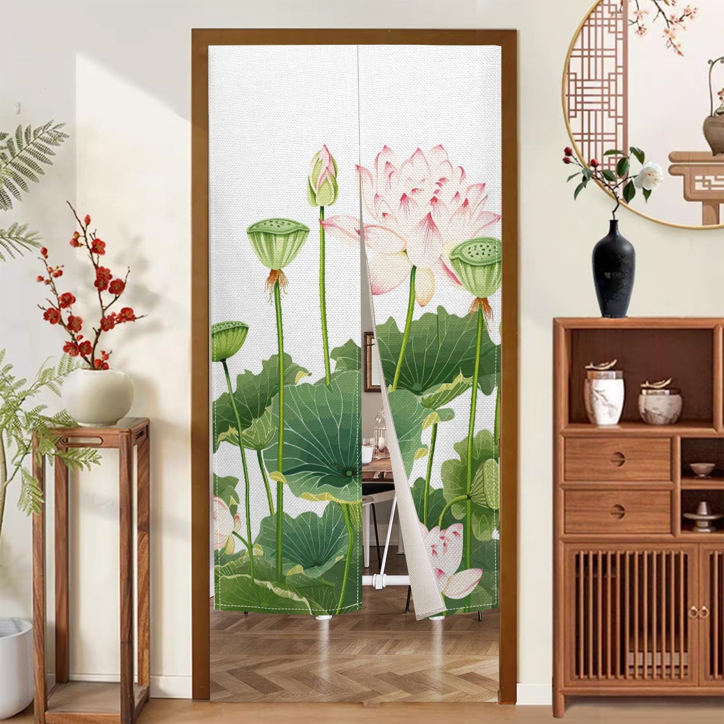 XMJJKUF Noren Japanese Doorway Curtain Chinese Traditional Lotus Printed Style Door Curtain Feng Shui Tapestry Window Bedroom Partition Kithchen Bathroom Door Decor,33.5"x 70.9"