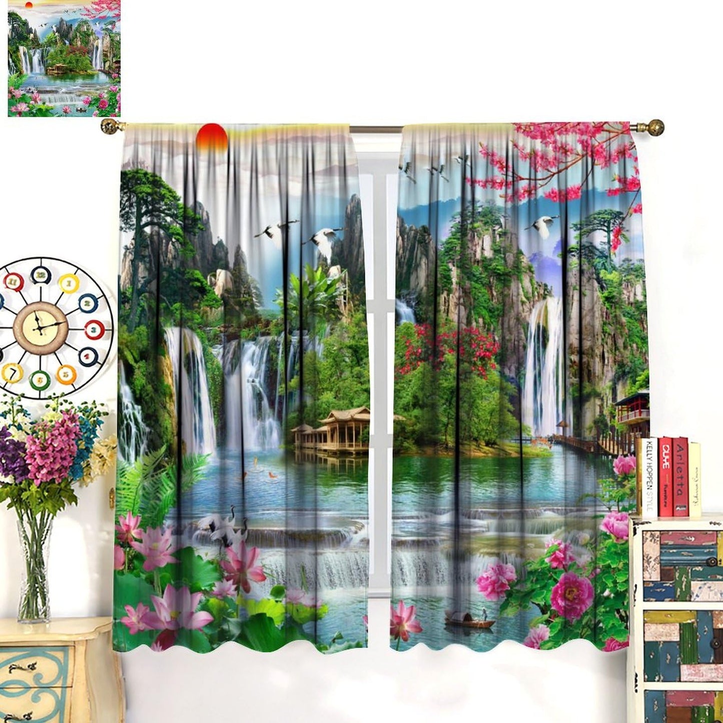 Forest Waterfall Curtains Spring Summer Jungle Scenery Art Printed Blackout Window Drapes for Bedroom Living Room Decor Fabric Set 2 Panel 42x45 Inch 80% Shading Rate